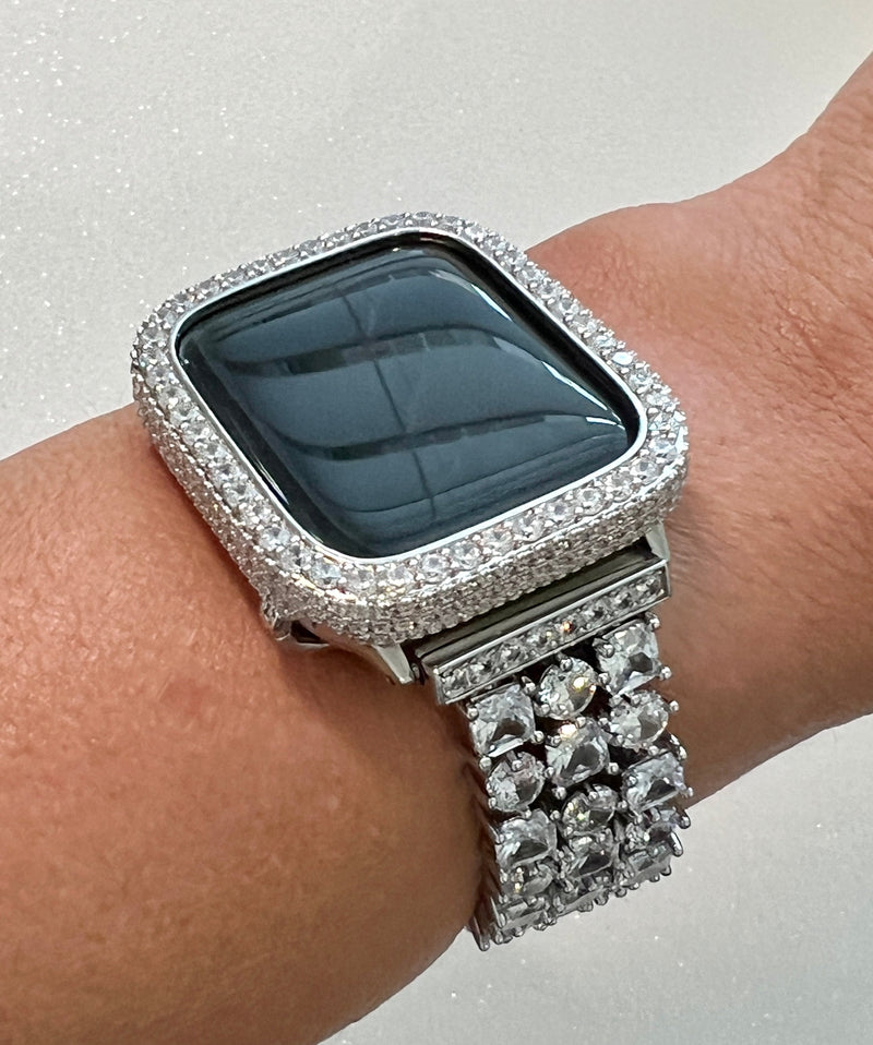 White Gold Apple Watch Band Silver Woman Crystal Bracelet & Or Apple Watch Case Lab Diamond Bezel Cover Iwatch Candy 38mm-49mm