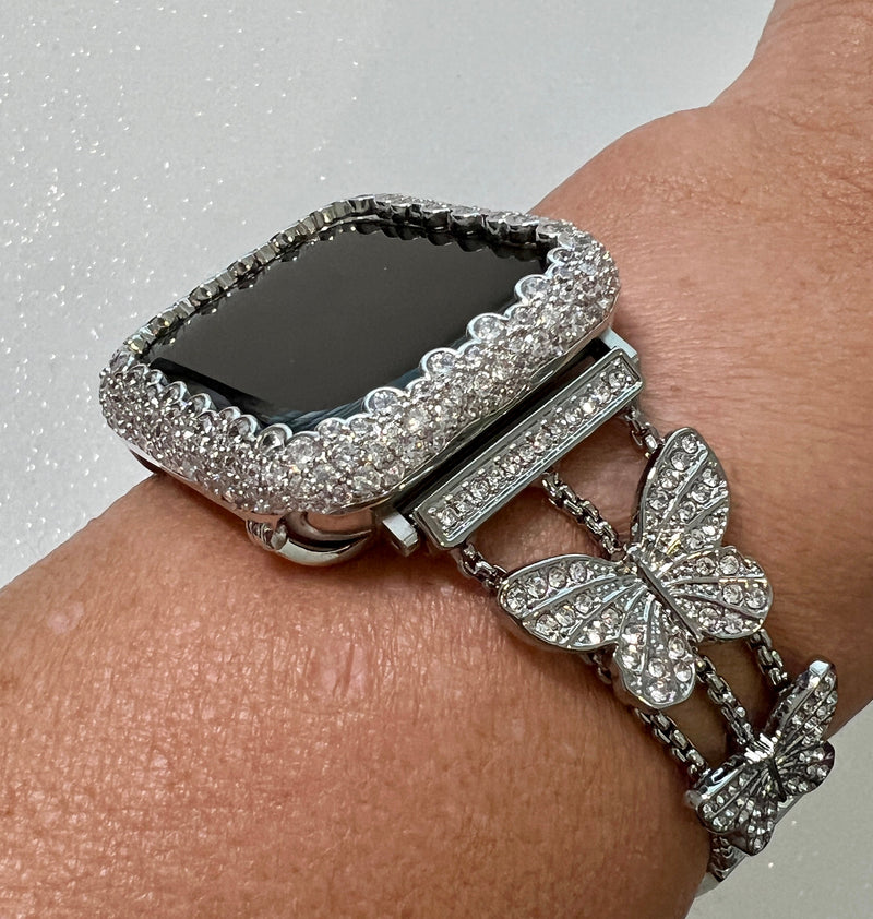 Apple Watch Band 49mm Woman Silver Butterfly Crystal & or Apple Watch Case Pave Lab Diamonds Apple Watch Cover Iwatch Candy Bling