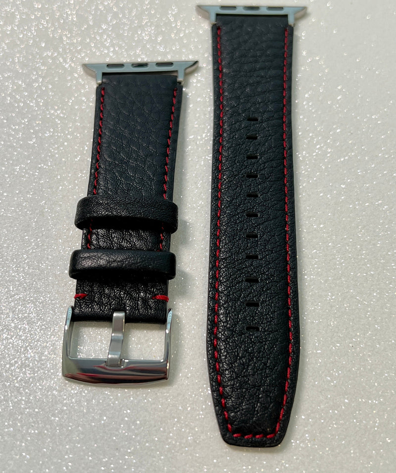 Series 10 Black Leather Apple Watch Band 42mm 46mm 49mm Ultra - Apple Watch Straps Red Stitching for Iphone Watch 44mm 45mm