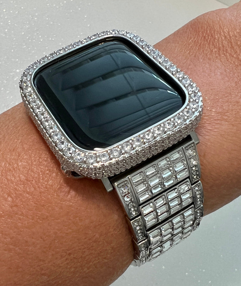 49mm Ultra Apple Watch Band Women Silver Crystal Stainless & or Apple Watch Cover Lab Diamond Bezel Case Iwatch Candy Bling