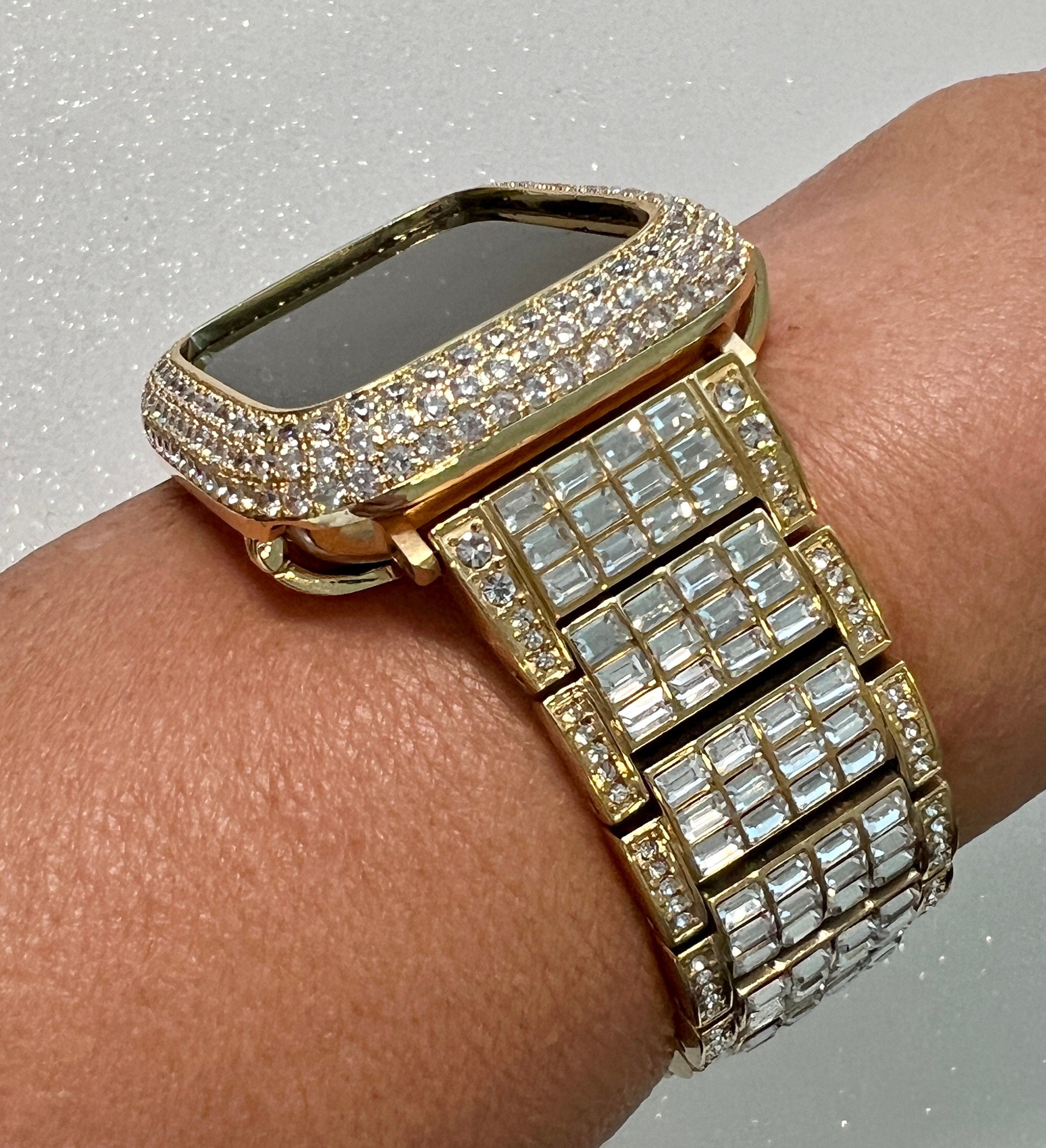 Apple Watch Band Yellow Gold Baguette Swarovski Crystals & or Apple Watch Cover Pave Lab Diamond Bezel 38mm-49mm Ultra Iwatch Candy Bling