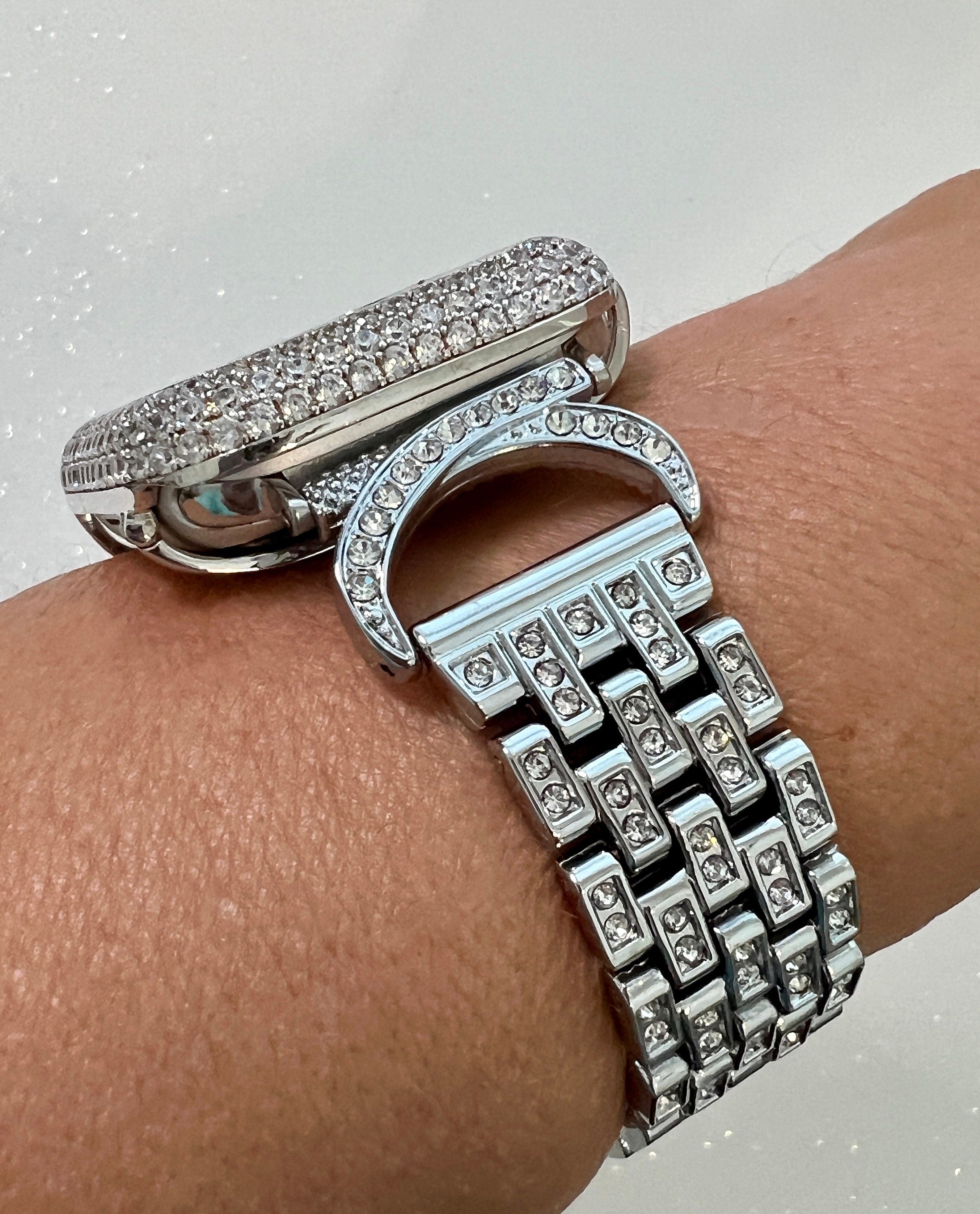 Designer Apple Watch Band Women 38 40 41 42 44 45 49mm Silver Swarovski Crystal & or Apple Watch Case Lab Diamond Bezel Apple Watch Cover