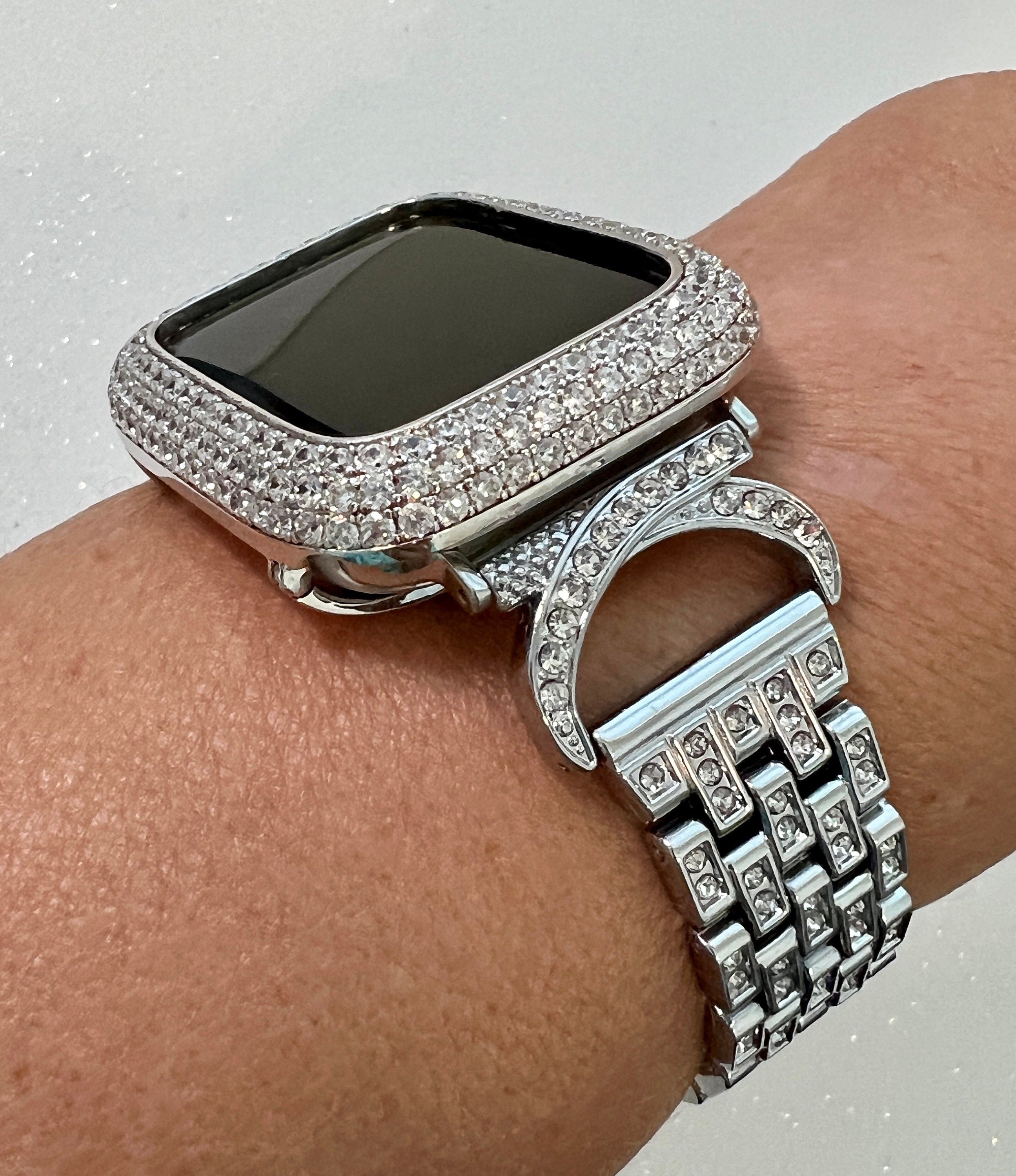 Designer Apple Watch Band Women 38 40 41 42 44 45 49mm Silver Swarovski Crystal & or Apple Watch Case Lab Diamond Bezel Apple Watch Cover