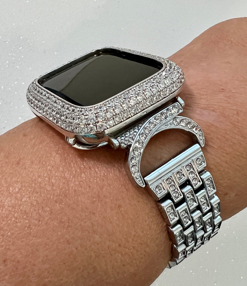 Designer Apple Watch Band Women 38 40 41 42 44 45 49mm Silver Crystal & or Apple Watch Case Lab Diamond Bezel Apple Watch Cover