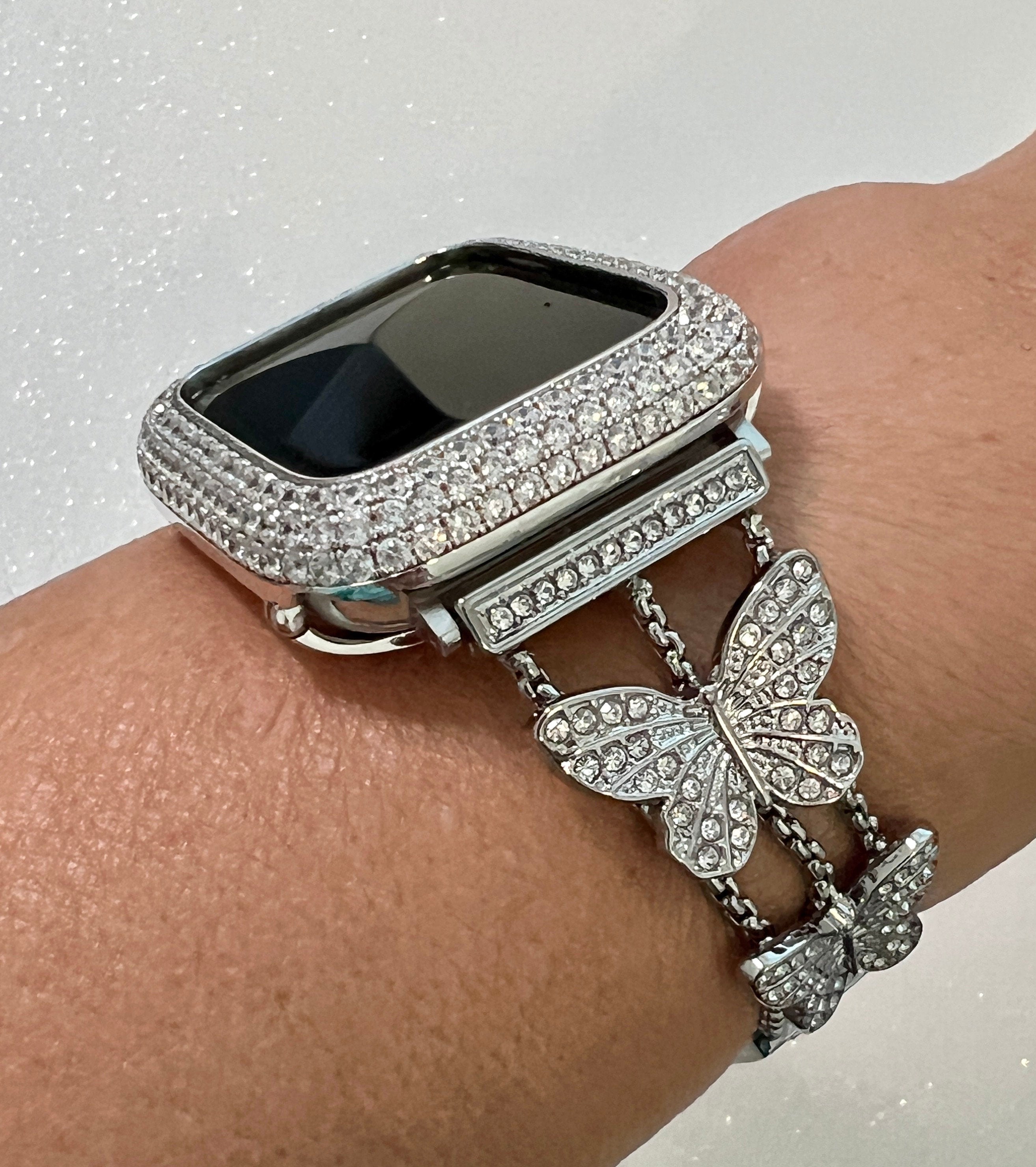 Butterfly Apple Watch Band 49mm Woman Silver Swarovski Crystal & or Apple Watch Case Pave Lab Diamonds Apple Watch Cover Iwatch Candy Bling