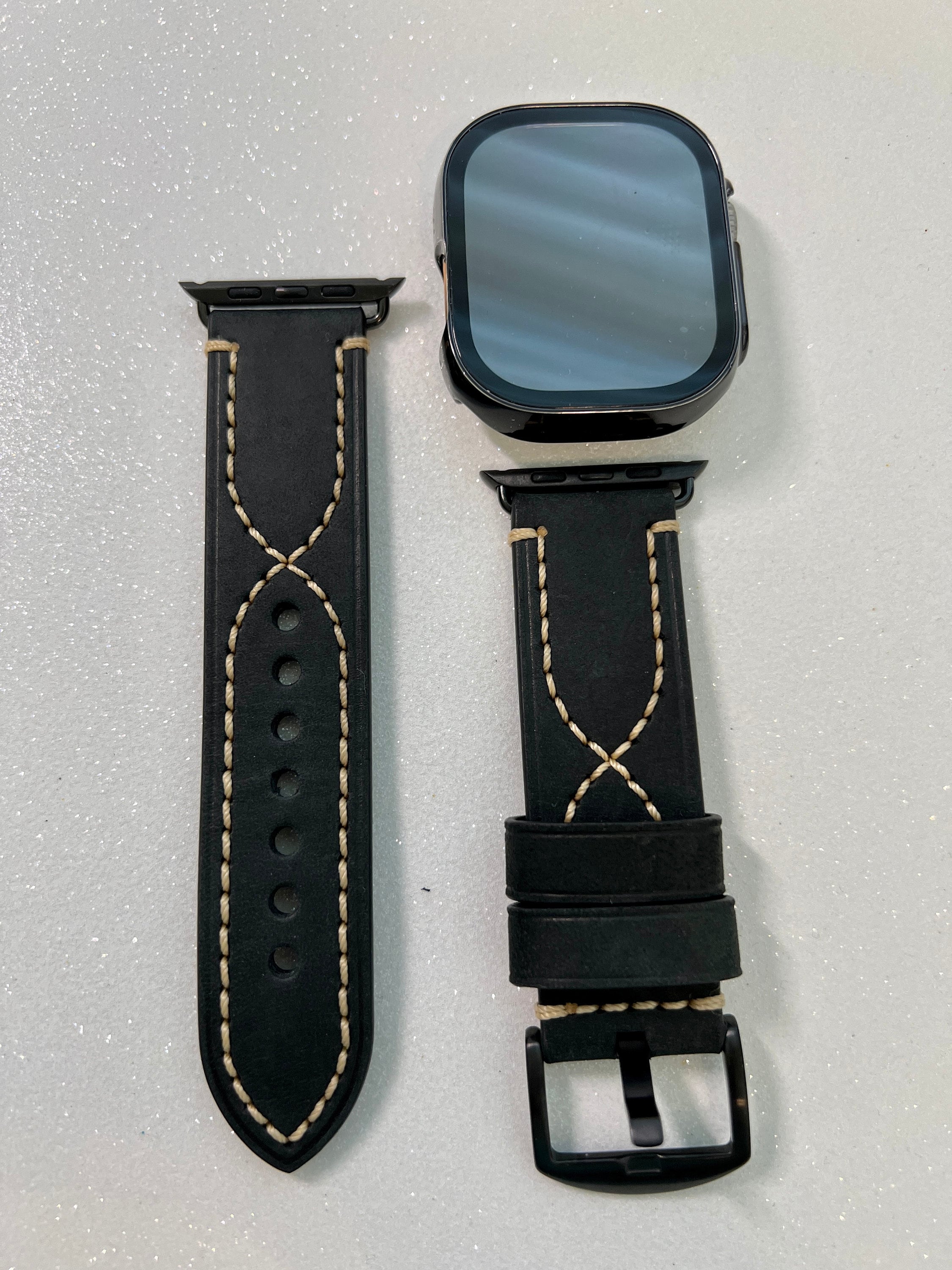 Series 10 Apple Watch Band Bold Black Hand Stitched Leather 42mm 46mm 49mm Ultra Iwatch Band Straps 44mm 45mm for Iphone Watch