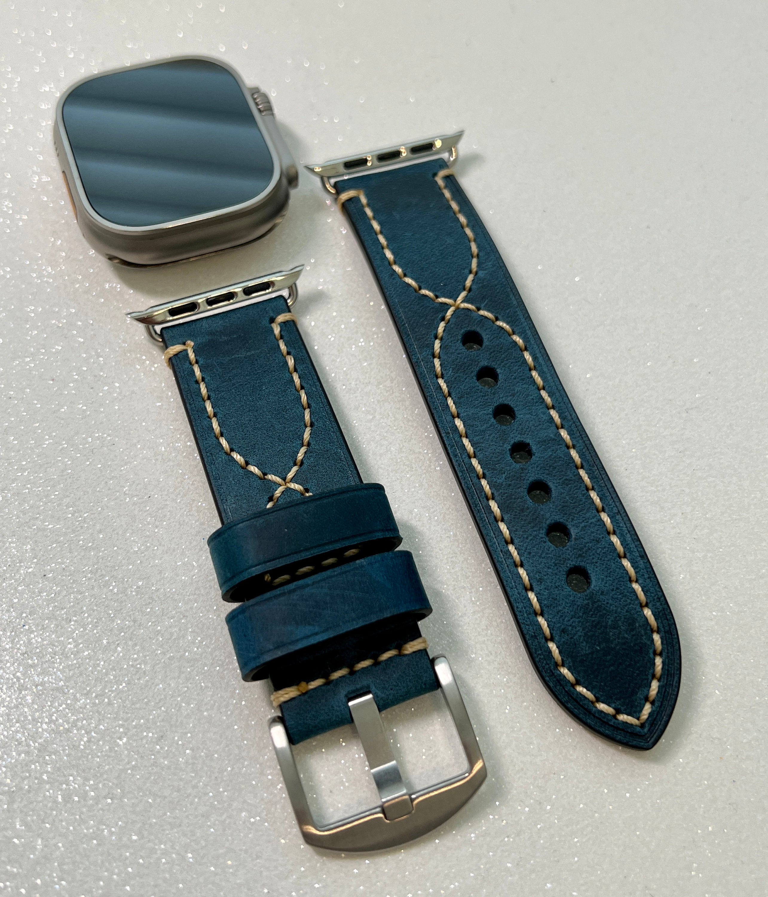 Series 10 Apple Watch Band Leather Blue with Bold Stitches for 42mm 46mm 49mm Ultra Iwatch Band 44mm 45mm Luxury Apple Watch Straps