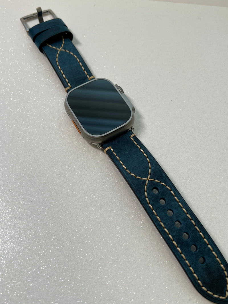 Series 10 Apple Watch Band Leather Blue with Bold Stitches for 42mm 46mm 49mm Ultra Iwatch Band 44mm 45mm Luxury Apple Watch Straps