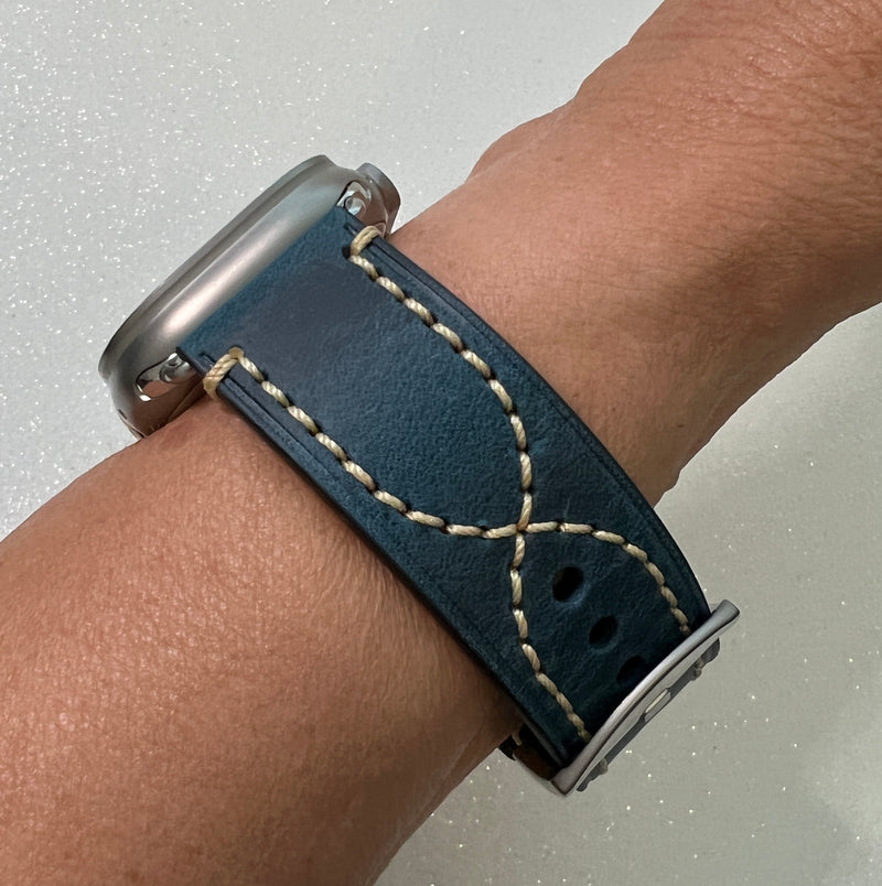 Series 10 Apple Watch Band Leather Blue with Bold Stitches for 42mm 46mm 49mm Ultra Iwatch Band 44mm 45mm Luxury Apple Watch Straps