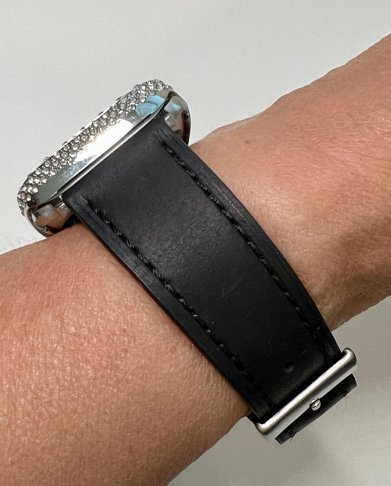 Apple Watch Band Womens Black Leather & or Apple Watch Case Crystals Apple Watch Cover Iwatch Watch Candy Bling 38mm-45mm Series 9