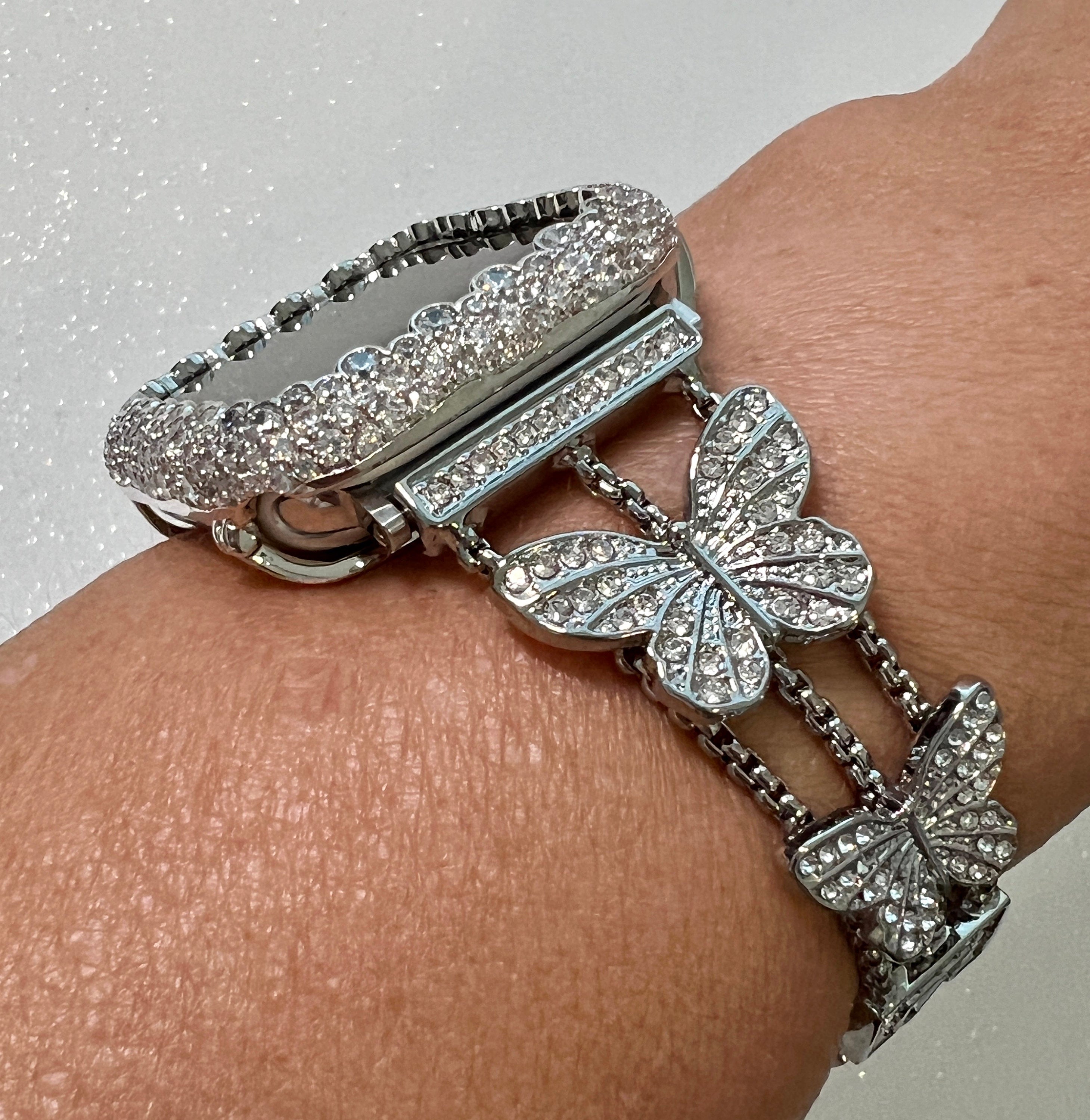 Apple Watch Band 49mm Woman Silver Butterfly Swarovski Crystal & or Apple Watch Case Pave Lab Diamonds Apple Watch Cover Iwatch Candy Bling