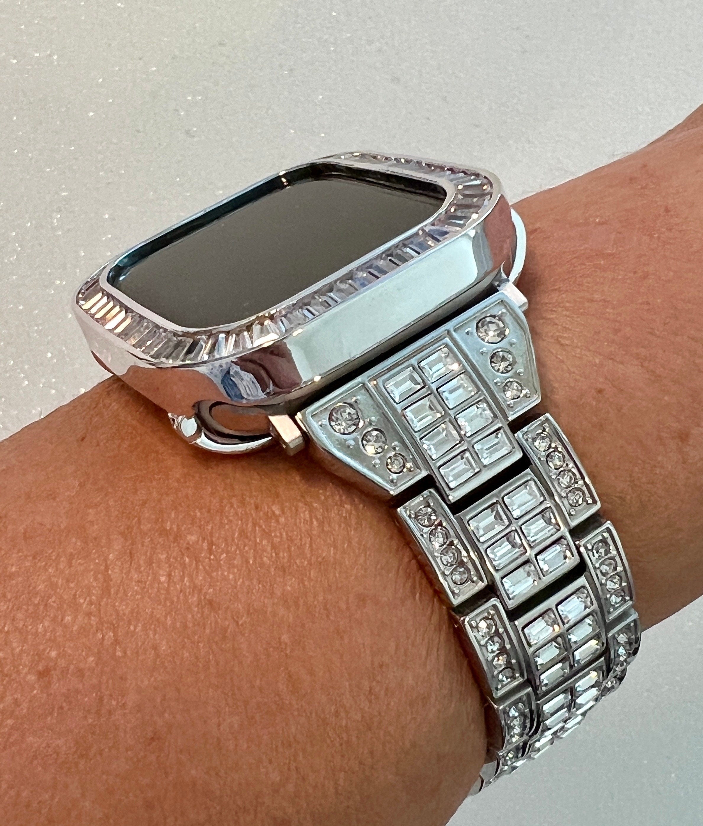 Silver Apple Watch Band Women Swarovski Crystal Baguette & or Apple Watch Case Big Baguette Lab Diamond Bezel Apple Watch Cover Iwatch Candy