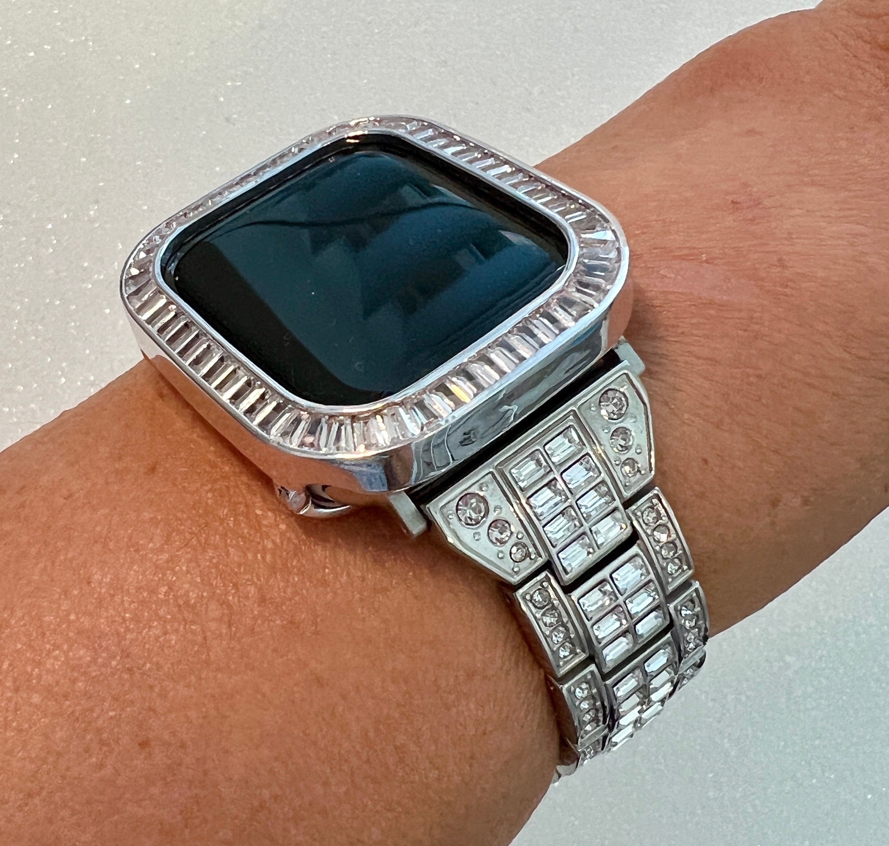 Silver Apple Watch Band Women Swarovski Crystal Baguette & or Apple Watch Case Big Baguette Lab Diamond Bezel Apple Watch Cover Iwatch Candy