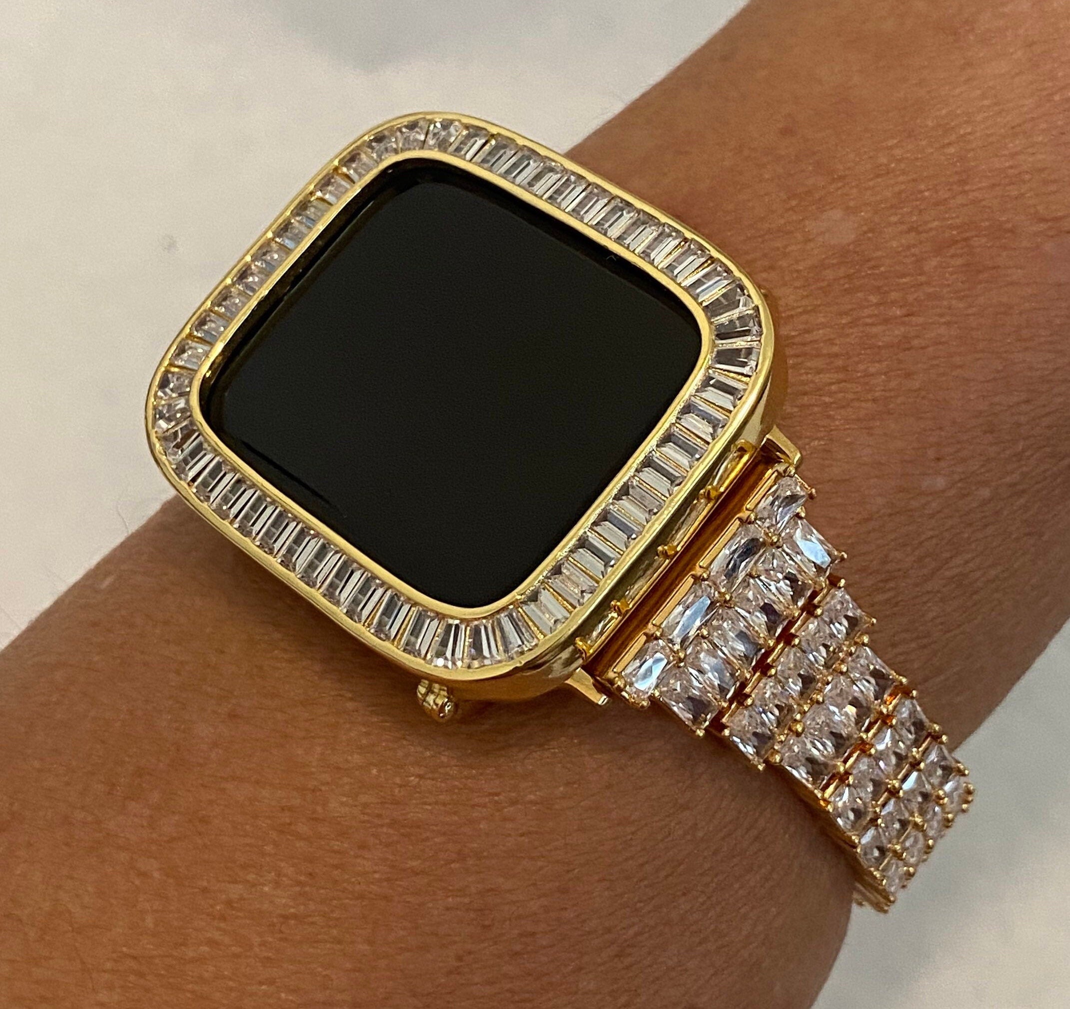 Yellow Gold Apple Watch Band Womens Swarovski Crystal Baguettes & or Apple Watch Bezel Lab Diamonds Apple Watch Case 38mm-45mm Iwatch Cover