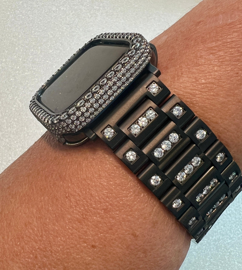 Series 1-8 Apple Watch Band Black Swarovski Crystals Stainless Steel & or Lab Diamond Bezel Cover Smartwatch Bumper 38mm-45mm