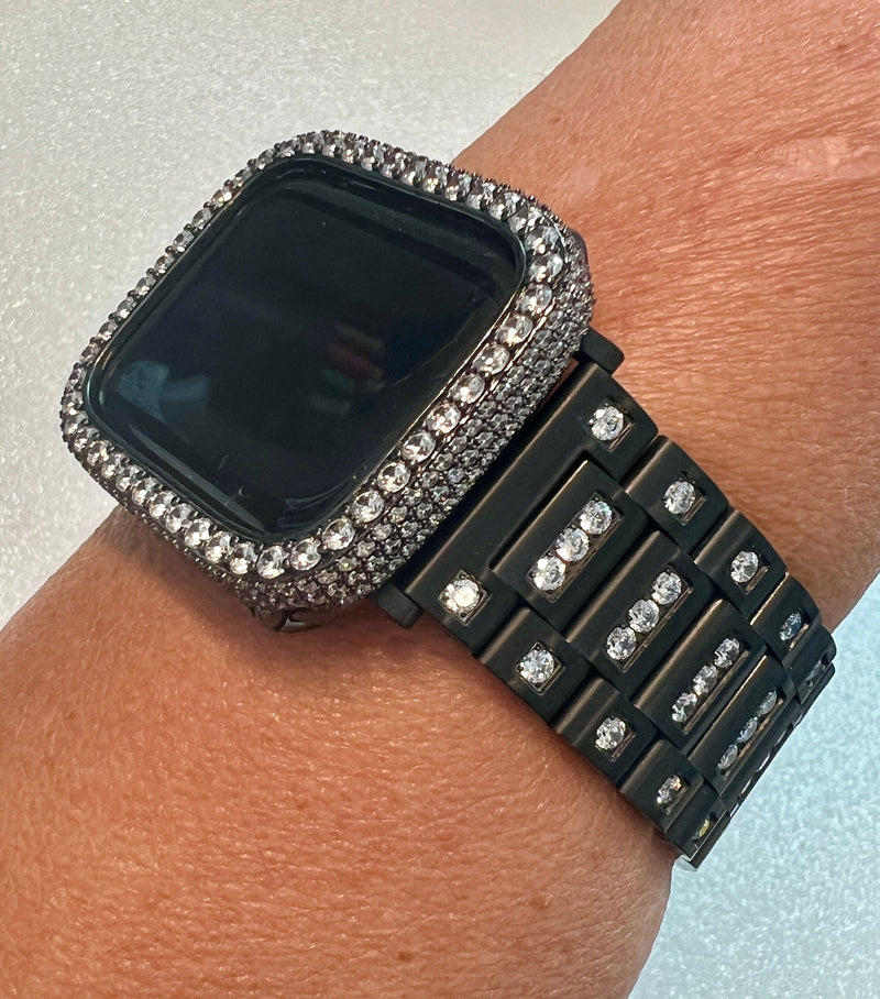 Series 1-8 Apple Watch Band Black Swarovski Crystals Stainless Steel & or Lab Diamond Bezel Cover Smartwatch Bumper 38mm-45mm