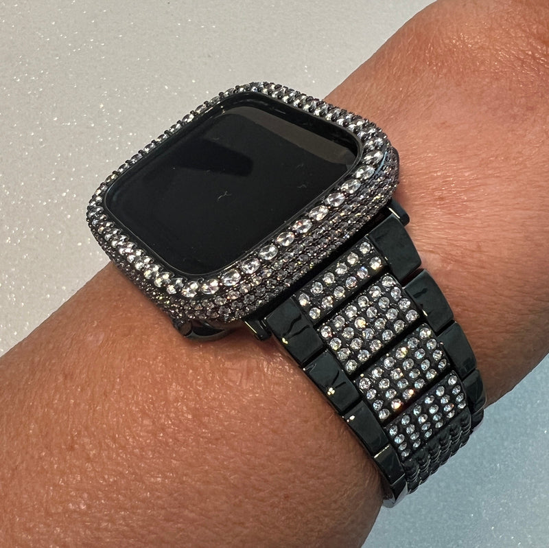 Black Apple Watch Band Crystals 41mm 45mm 49mm Ultra & or Apple Watch Case Lab Diamond Apple Watch Cover Iwatch Candy 38mm-44mm