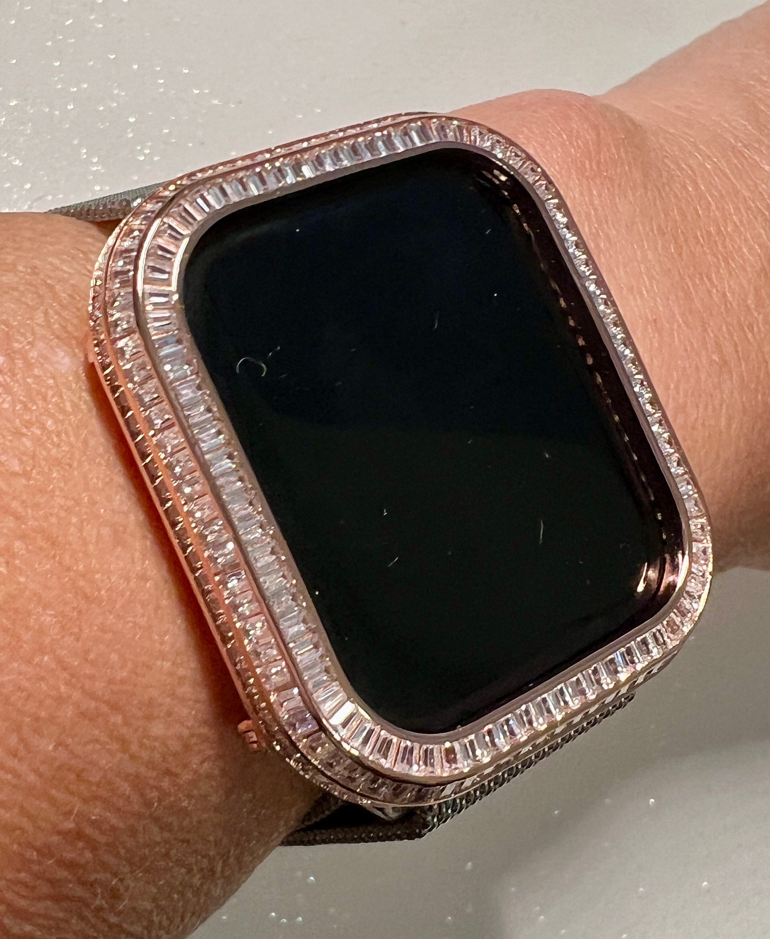 Statement Rose Gold Apple Watch Case Womens 40mm 41mm 44mm 45mm Baguette Lab Diamonds Apple Watch Cover Iwatch Candy Bling Series 4-9