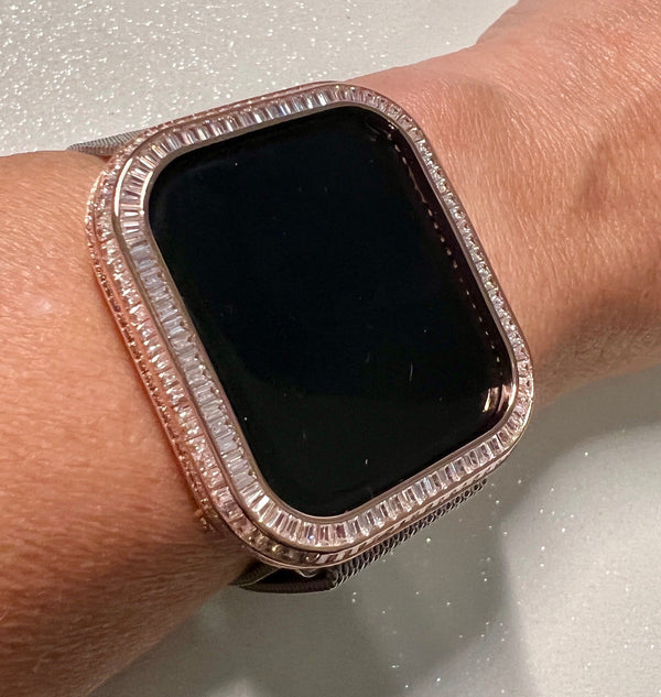 Statement Rose Gold Apple Watch Case Womens 40mm 41mm 44mm 45mm Baguette Lab Diamonds Apple Watch Cover Iwatch Candy Bling Series 4-9