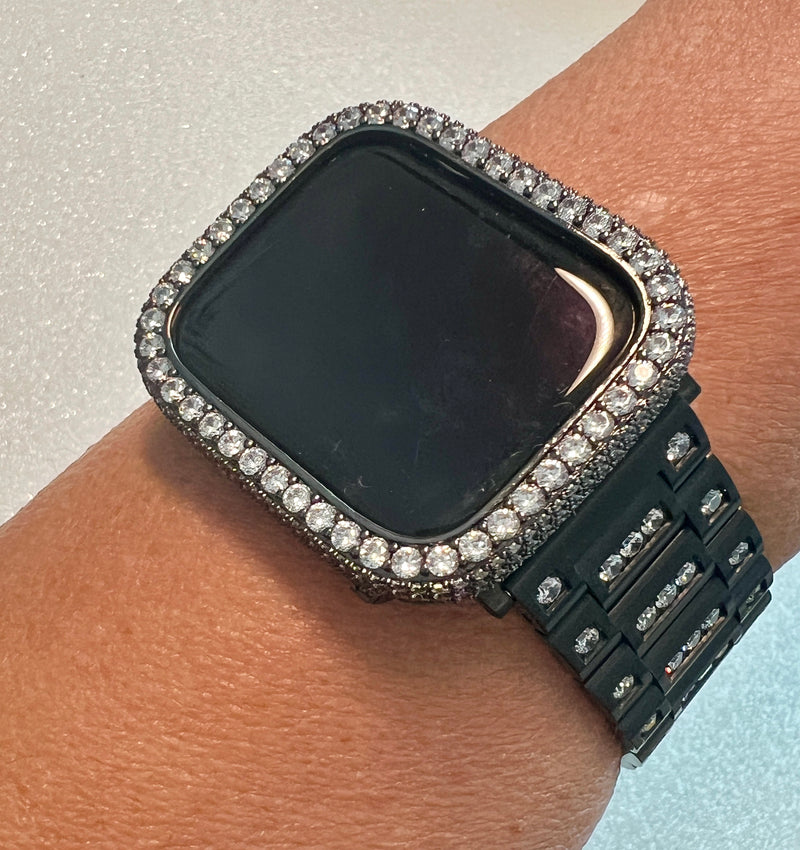 Series 1-8 Apple Watch Band Black Swarovski Crystals Stainless Steel & or Lab Diamond Bezel Cover Smartwatch Bumper 38mm-45mm