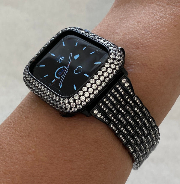 Black Apple Watch Band Series 7 Swarovski Crystals 38mm 40mm 41mm 42mm 44mm 45mm & or Lab Diamond Bezel Case Cover Smartwatch Bumper Bling