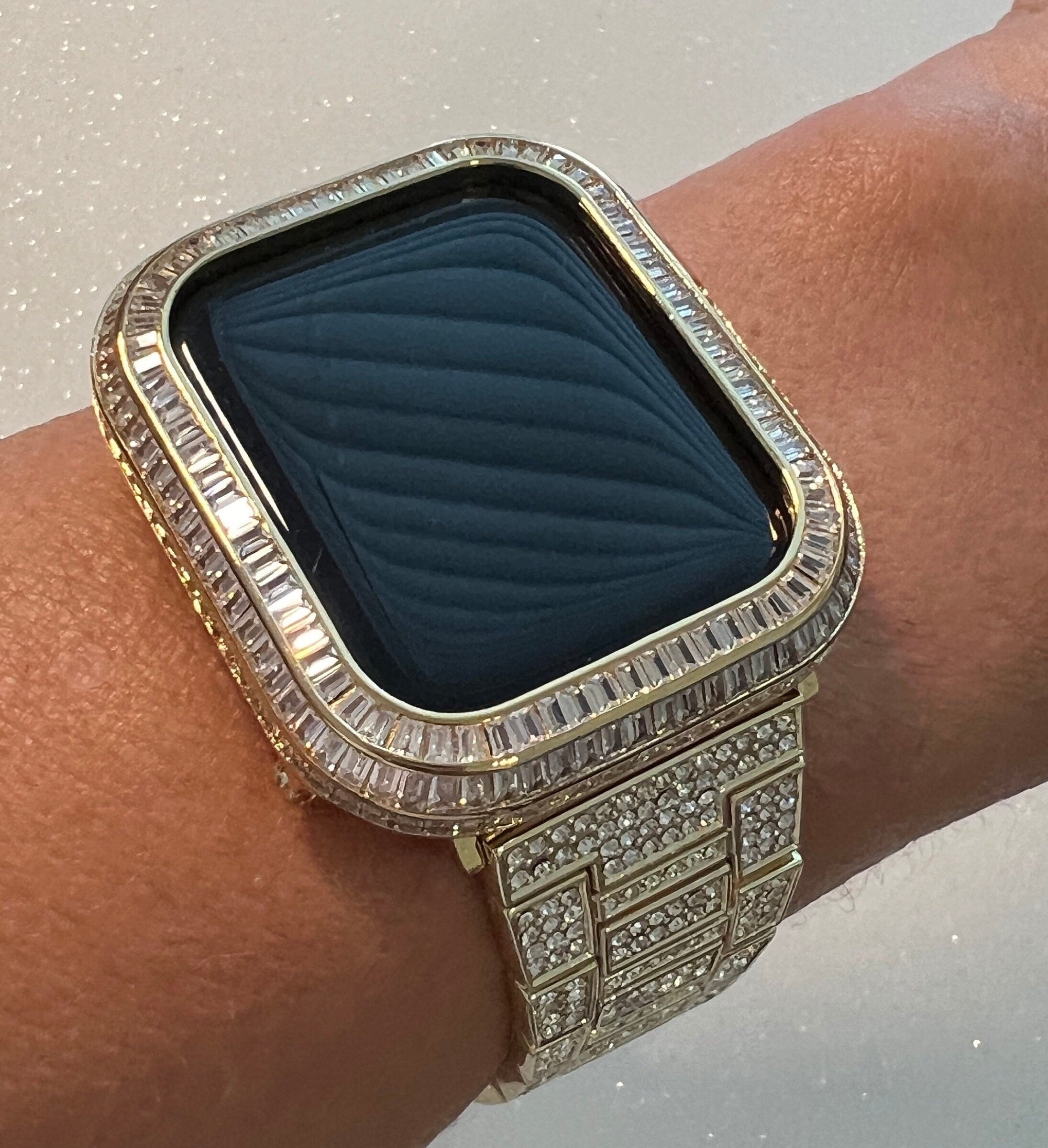 Luxury Apple Watch Band Yellow Gold Pave Swarovski Crystals & or Apple Watch Case Baguette Lab Diamond Bezel Cover Iwatch Candy Bling