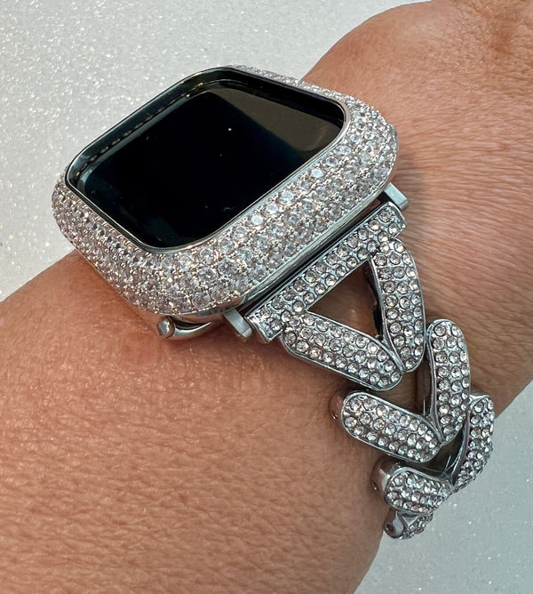 Designer Apple Watch Band Woman Silver Crystal Heart Charm & or Apple Watch Case Lab Diamond Bezel 38mm-49mm Apple Watch Cover