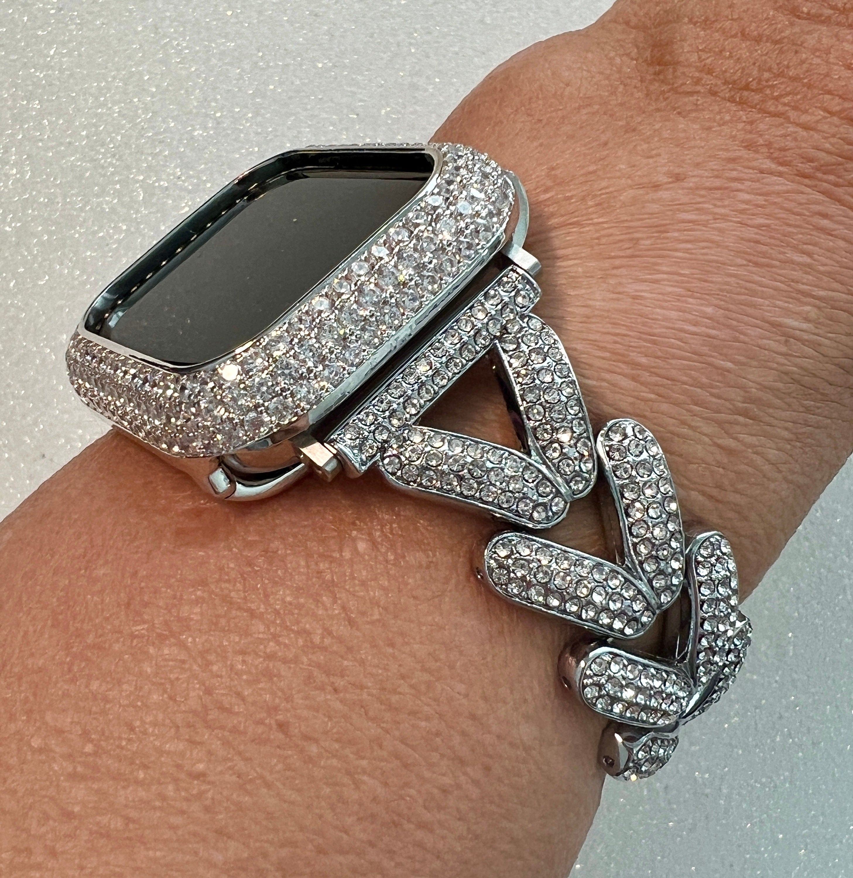 Designer Apple Watch Band Woman Silver Crystal Heart Charm & or Apple Watch Case Lab Diamond Bezel 38mm-49mm Apple Watch Cover