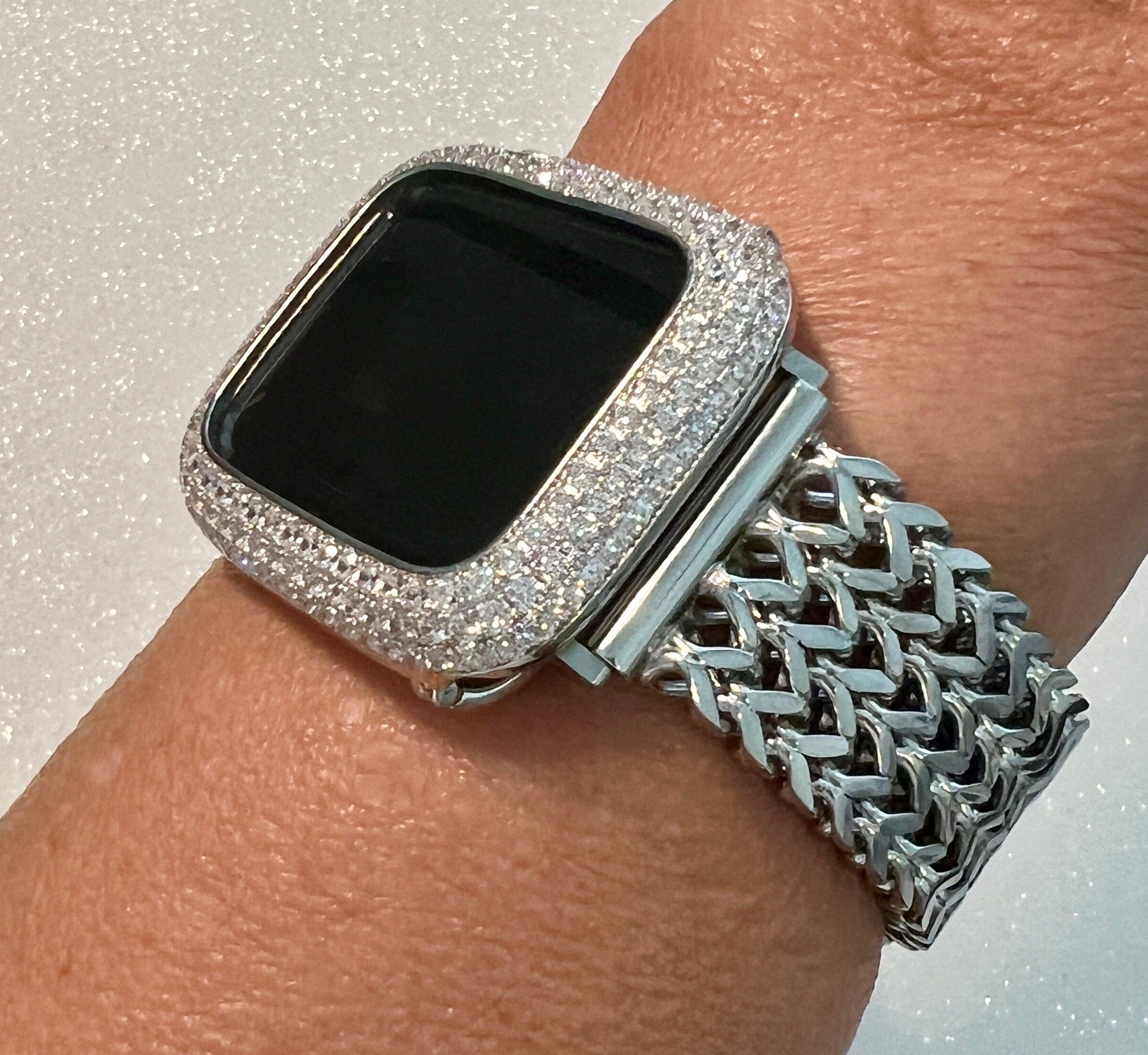 Silver Apple Watch Band Stainless Steel Womens Iphone Watch Bracelet & or Apple Watch Case Lab Diamond Bezel 38mm-49mm Ultra Iwatch Candy