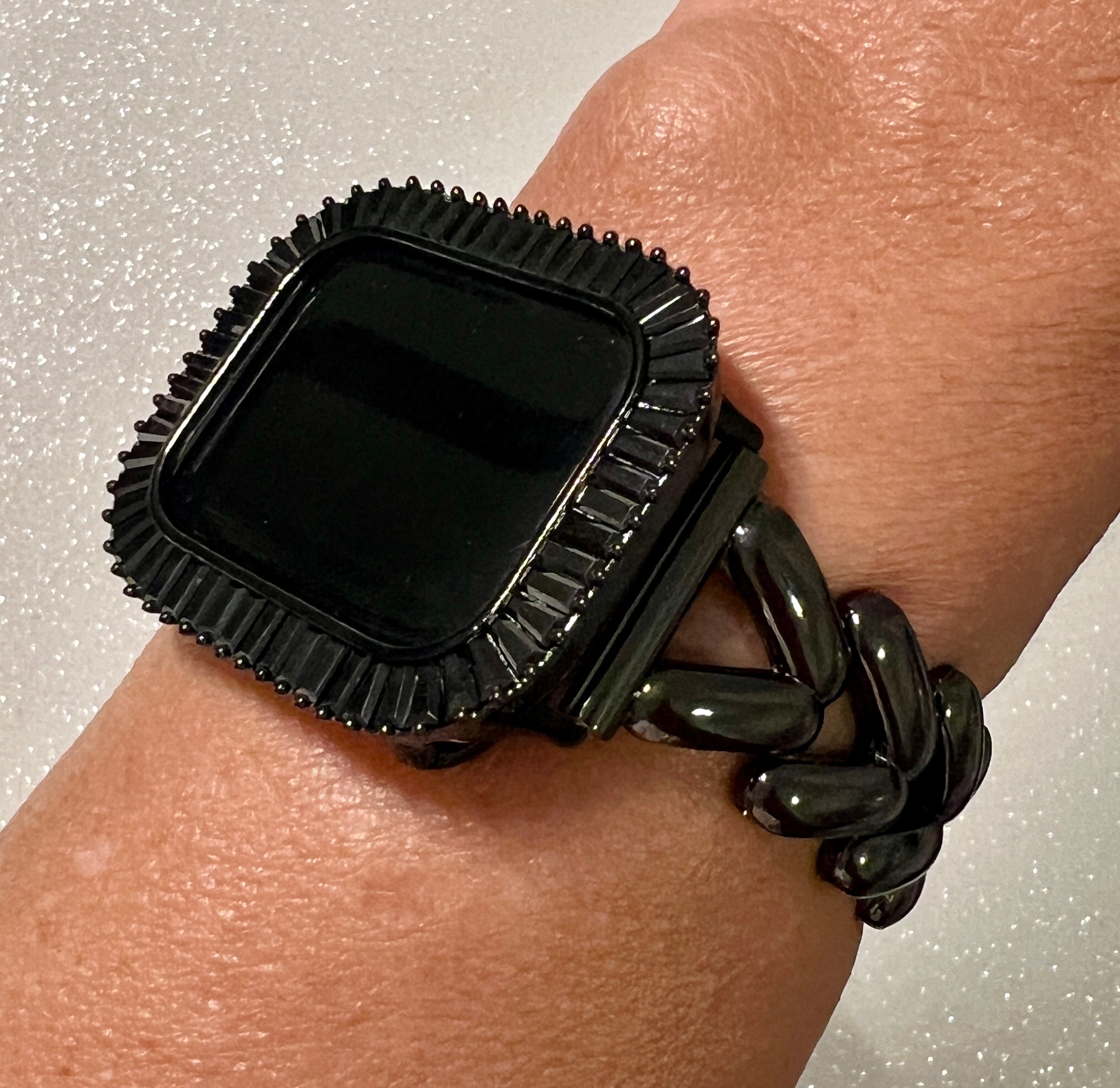 Black on Black Apple Watch Band, Sleek Iphone Watch Band Chevron Link & or Apple Watch Case Baguette Lab Diamond Bezel Iwatch Cover Bling