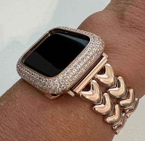 Rose Gold Apple Watch Band Double Row Hearts Bracelet 38mm-49mm, Iwatch band & or Apple Watch Case Baguette Lab Diamond Bezel Cover Gift