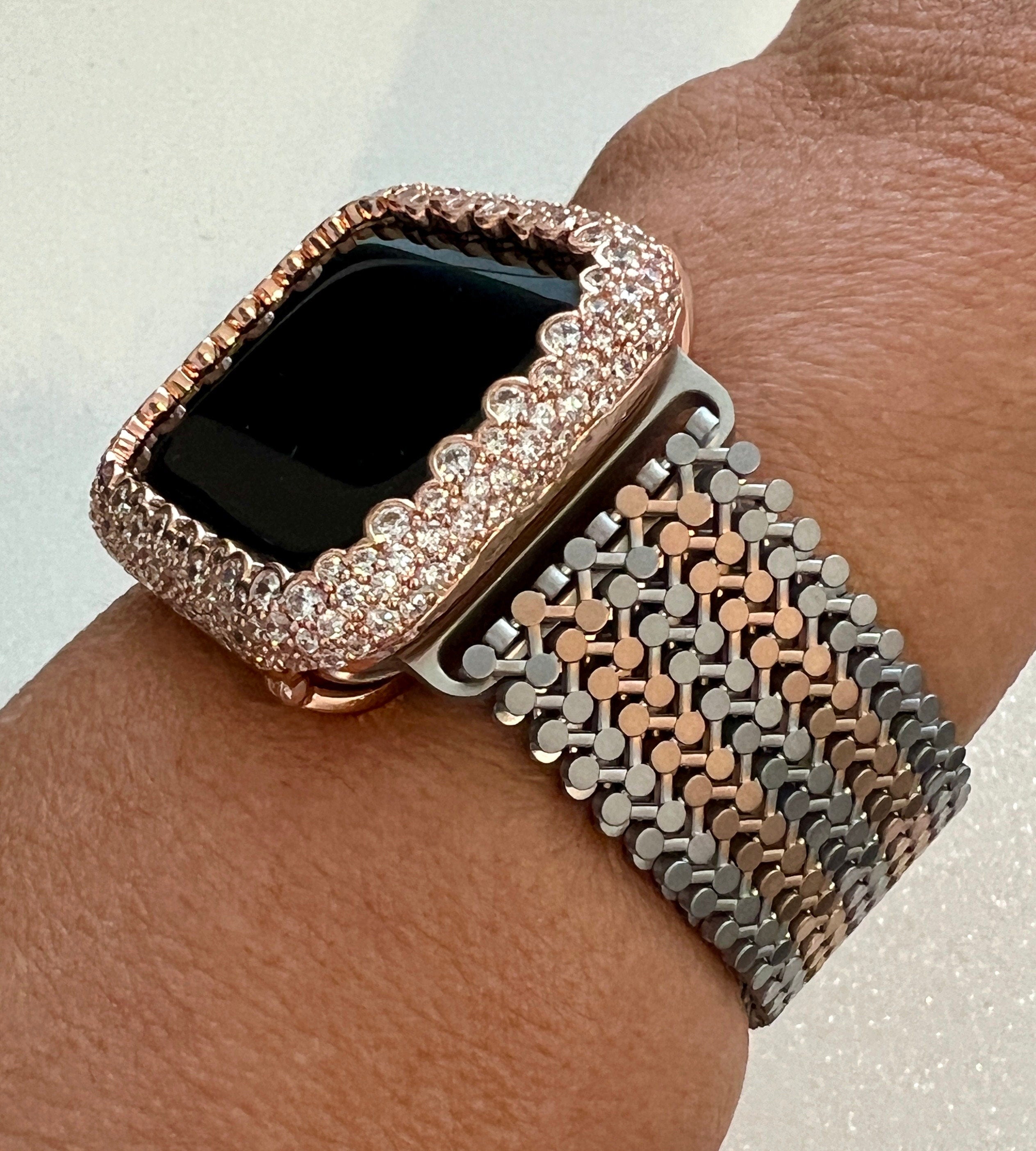 Stainless Steel Milanese Apple Watch Band, Rose Gold -Silver Two Tone Iphone Watch Band & Apple Watch Case Lab Diamond Bezel Iwatch Cover