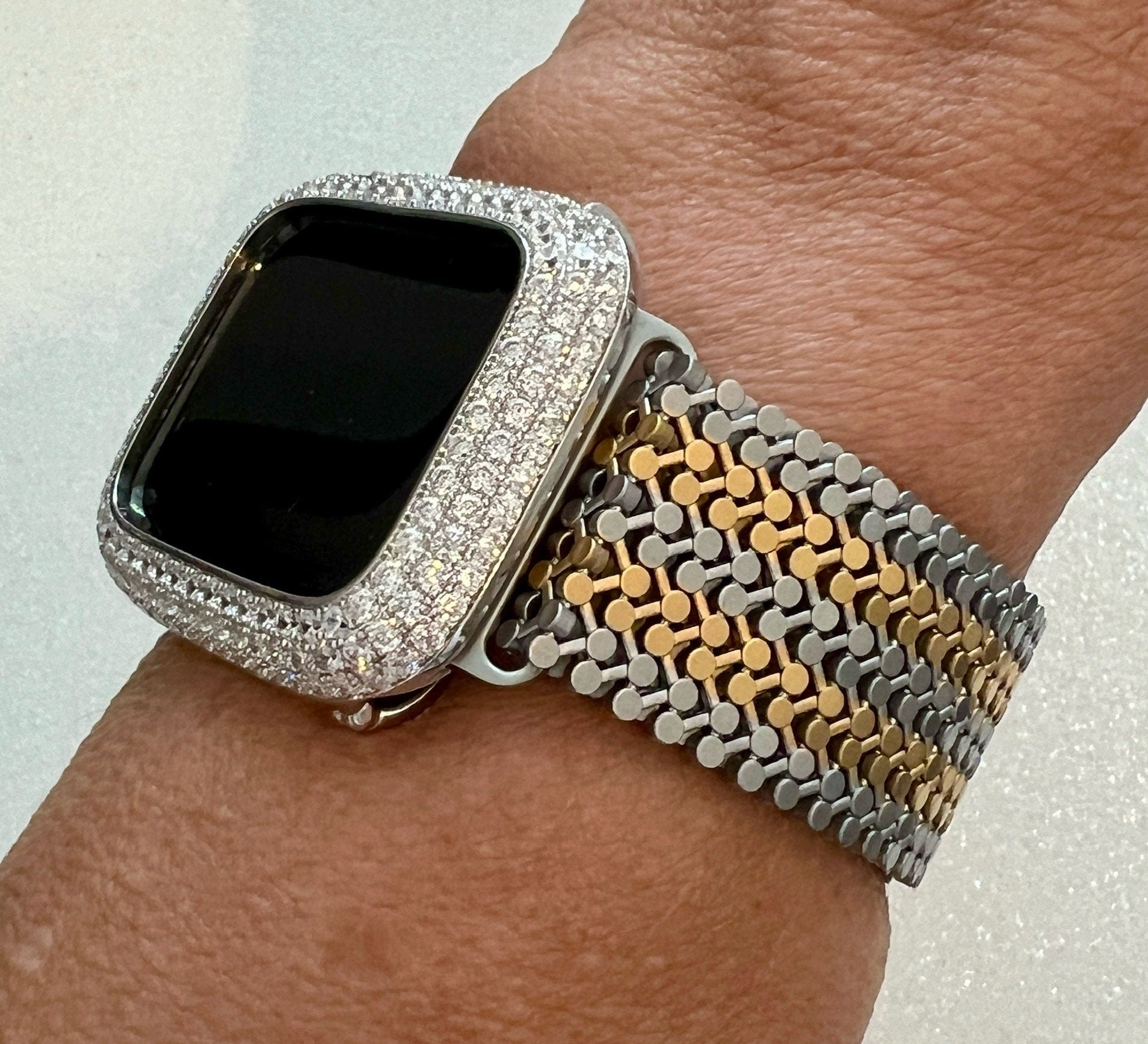 Stainless Steel Milanese Apple Watch Band, Yellow Gold -Silver Two Tone Iphone Iwatch Band & Apple Watch Case Lab Diamond Bezel Iwatch Candy