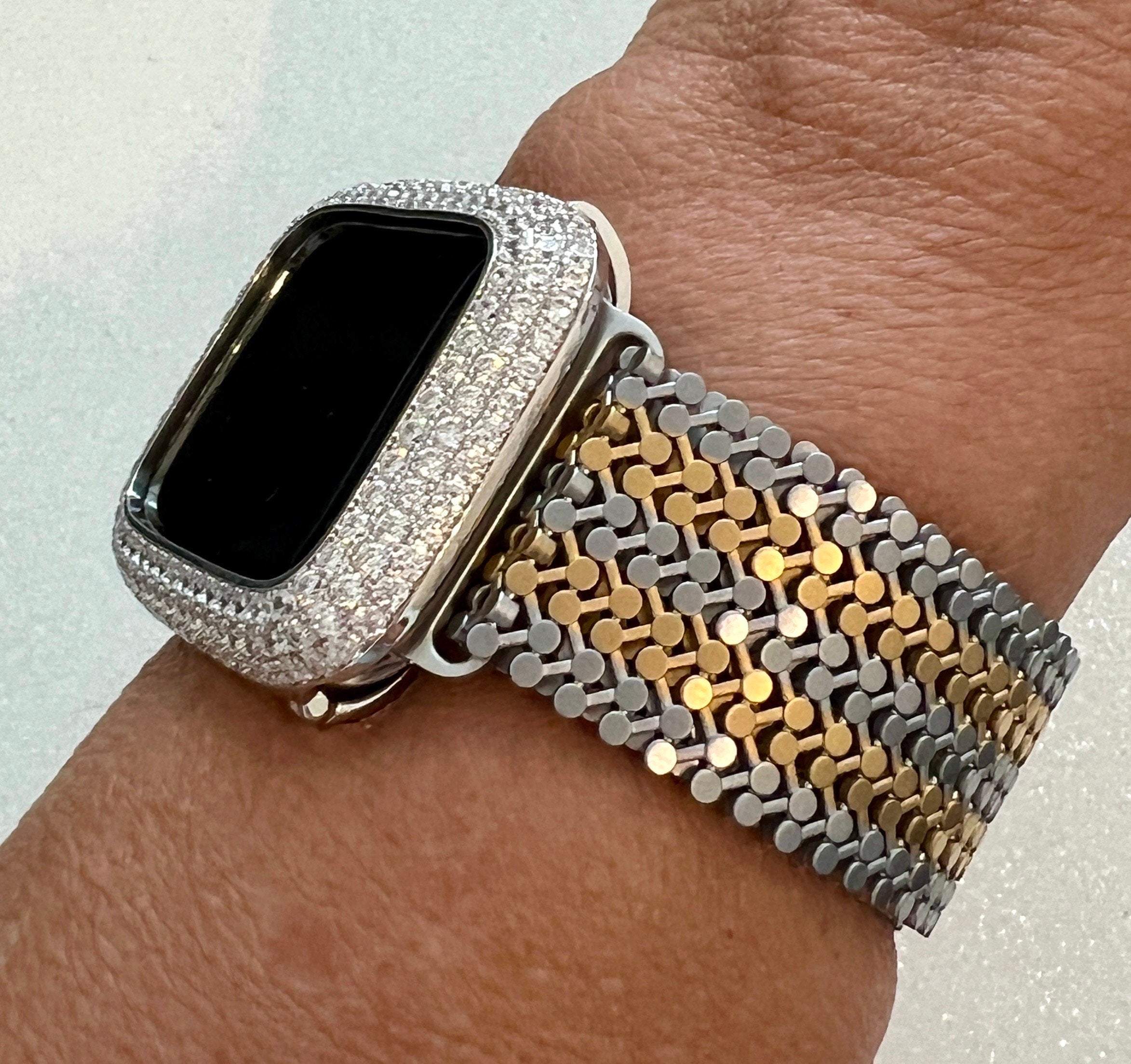 Stainless Steel Milanese Apple Watch Band, Yellow Gold -Silver Two Tone Iphone Iwatch Band & Apple Watch Case Lab Diamond Bezel Iwatch Candy