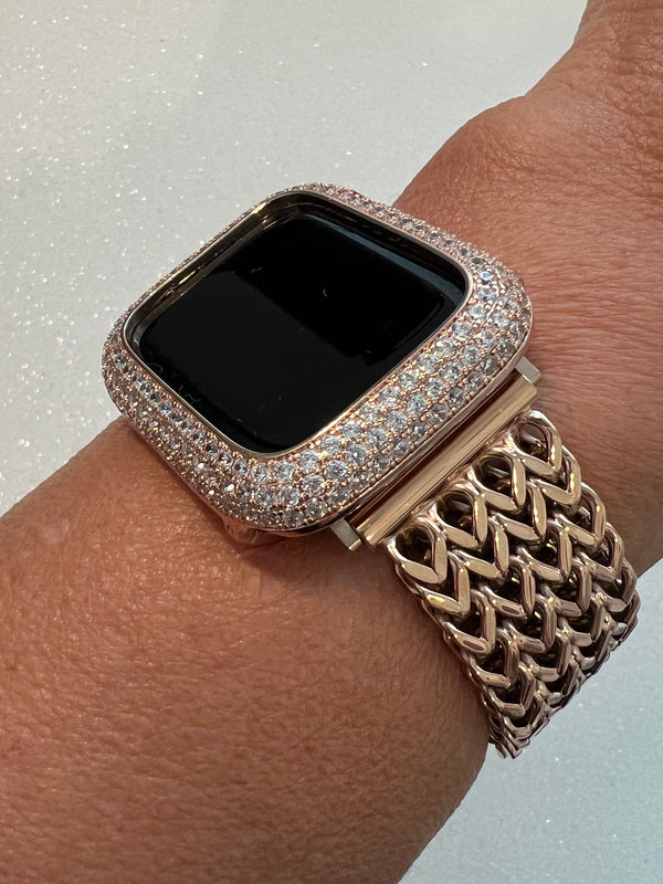 Rose Gold Apple Watch Band Stainless Steel Womens Iphone Watch Bracelet & or Apple Watch Case Lab Diamond Bezel 38mm-49mm Ultra Iwatch Candy