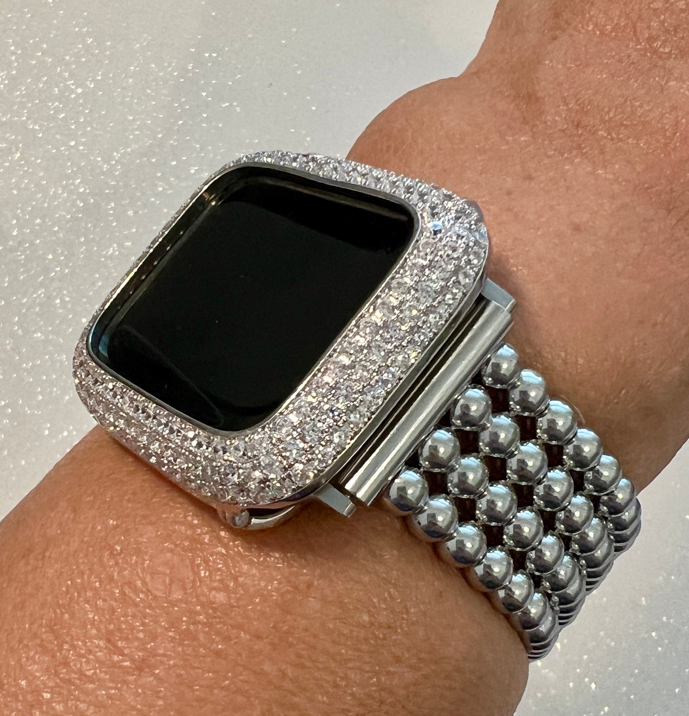 Silver Apple Watch Band Women Stainless Steel Beaded 38mm-49mm Ultra, Iwatch Phone band & or Apple Watch Case Lab Diamond Bezel Cover Gift