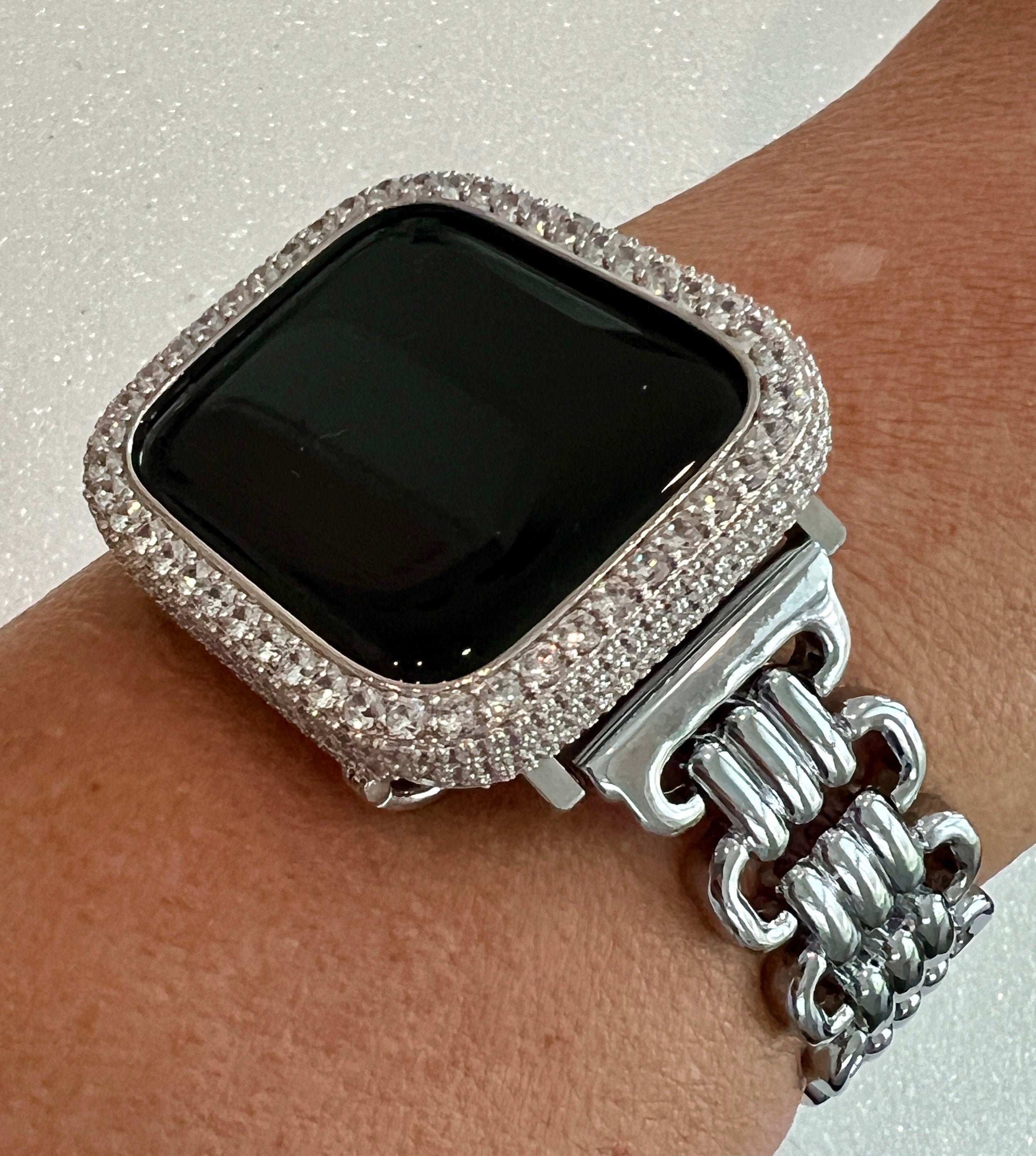 Silver Designer Apple Watch Band Link Bracelet Minimalist, Iphone Watch Band & or Apple Watch Case Lab Diamonds Bezel Iwatch Phone Cover