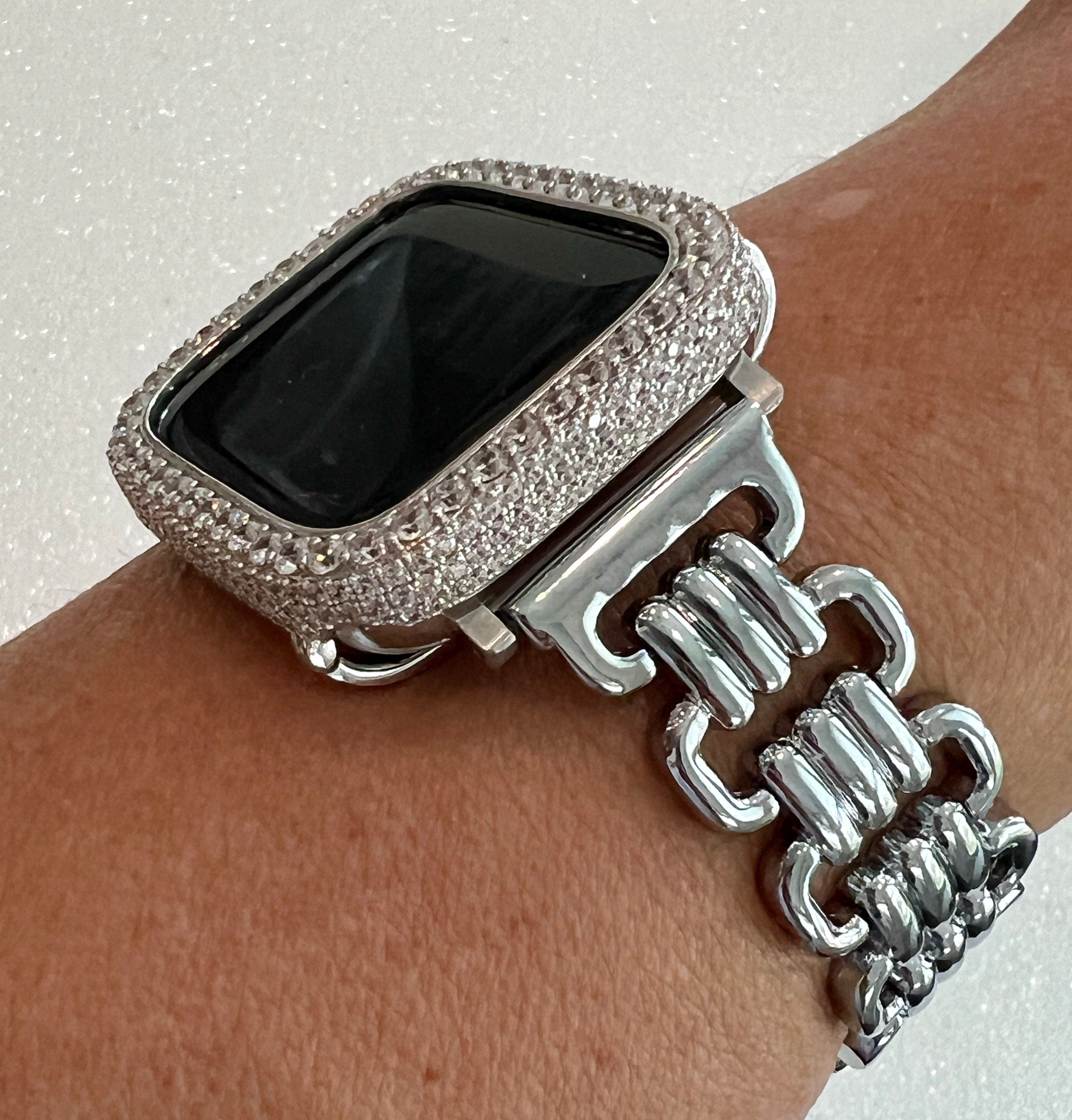 Silver Designer Apple Watch Band Link Bracelet Minimalist, Iphone Watch Band & or Apple Watch Case Lab Diamonds Bezel Iwatch Phone Cover