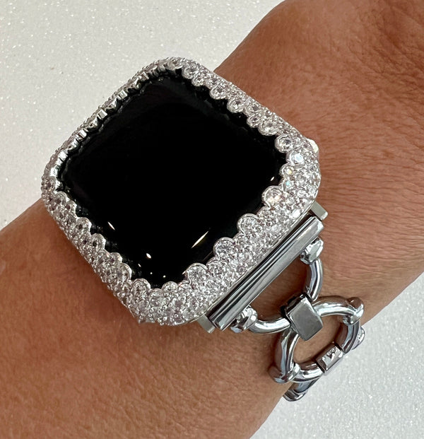 Minimalist Silver Apple Watch Band Womens Bracelet 38mm-49mm Ultra, Iwatch Phone band & or Apple Watch Case Lab Diamond Bezel Cover Gift