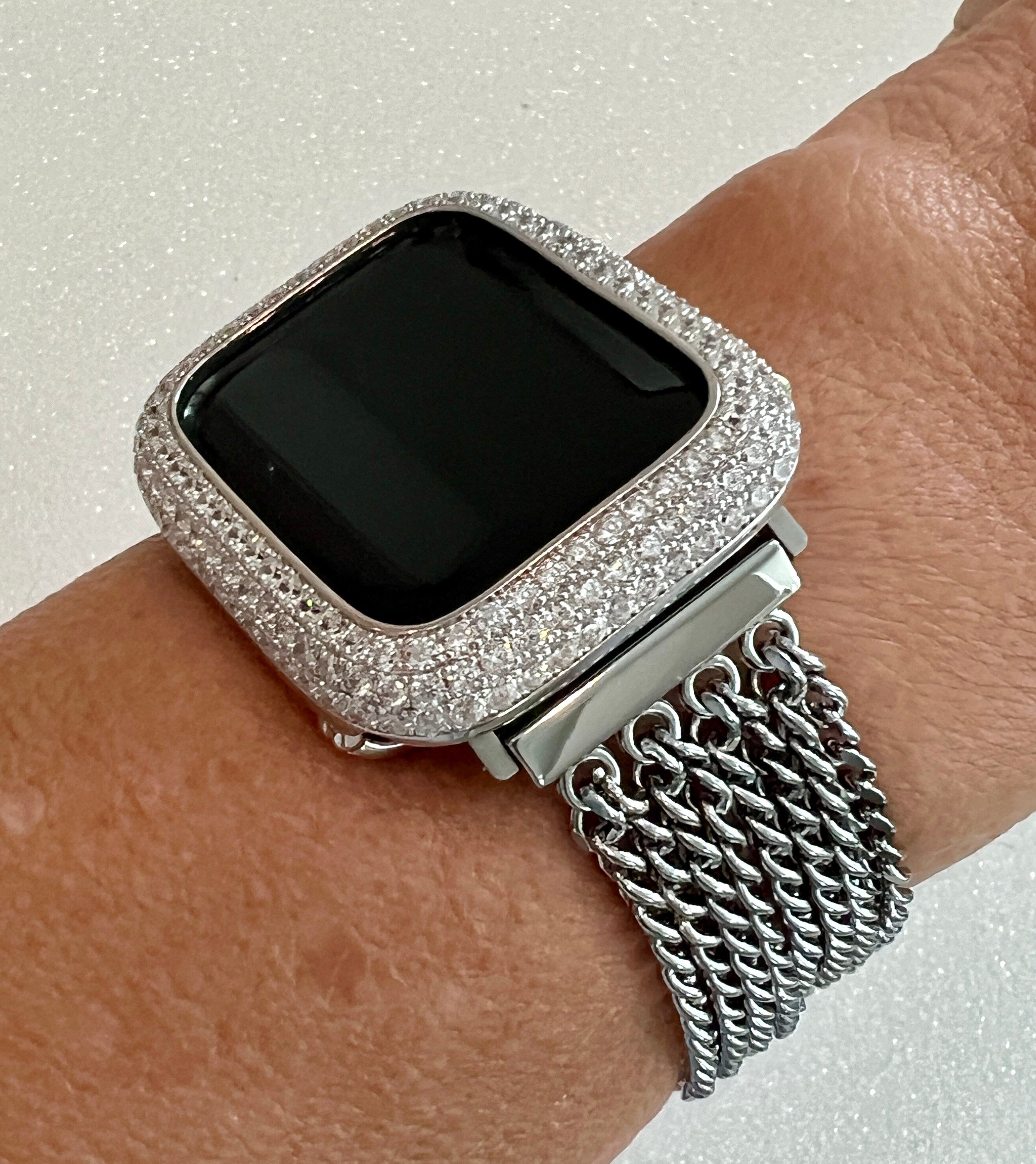 Silver Apple Watch Band Women Chain Link 38mm-49mm Ultra, Iwatch Phone band & or Apple Watch Case Lab Diamond Bezel Cover Minimalist