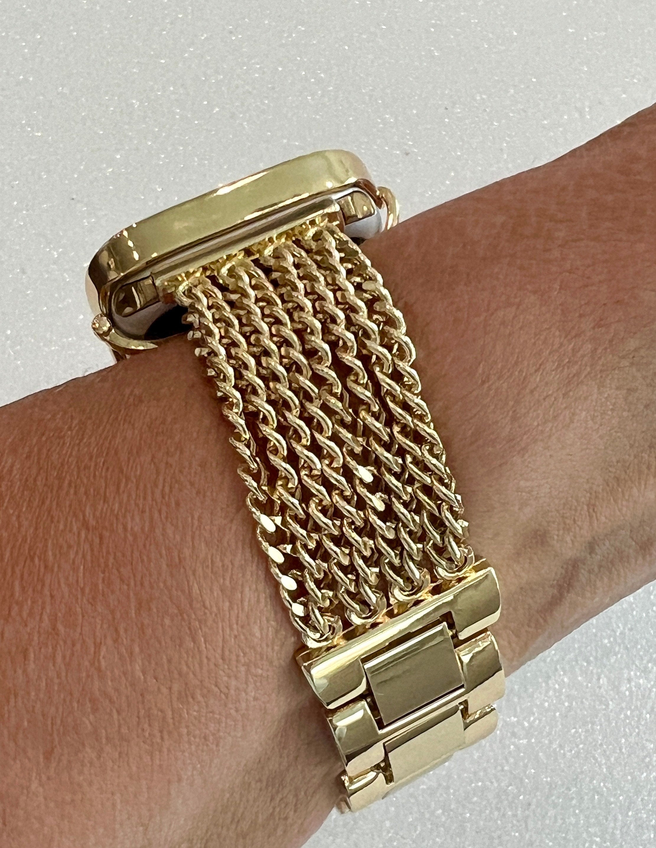 Yellow Gold Apple Watch Band Women Chain Link 38mm-45mm Ultra, Iwatch Phone band & or Apple Watch Case Lab Diamond Bezel Cover Minimalist