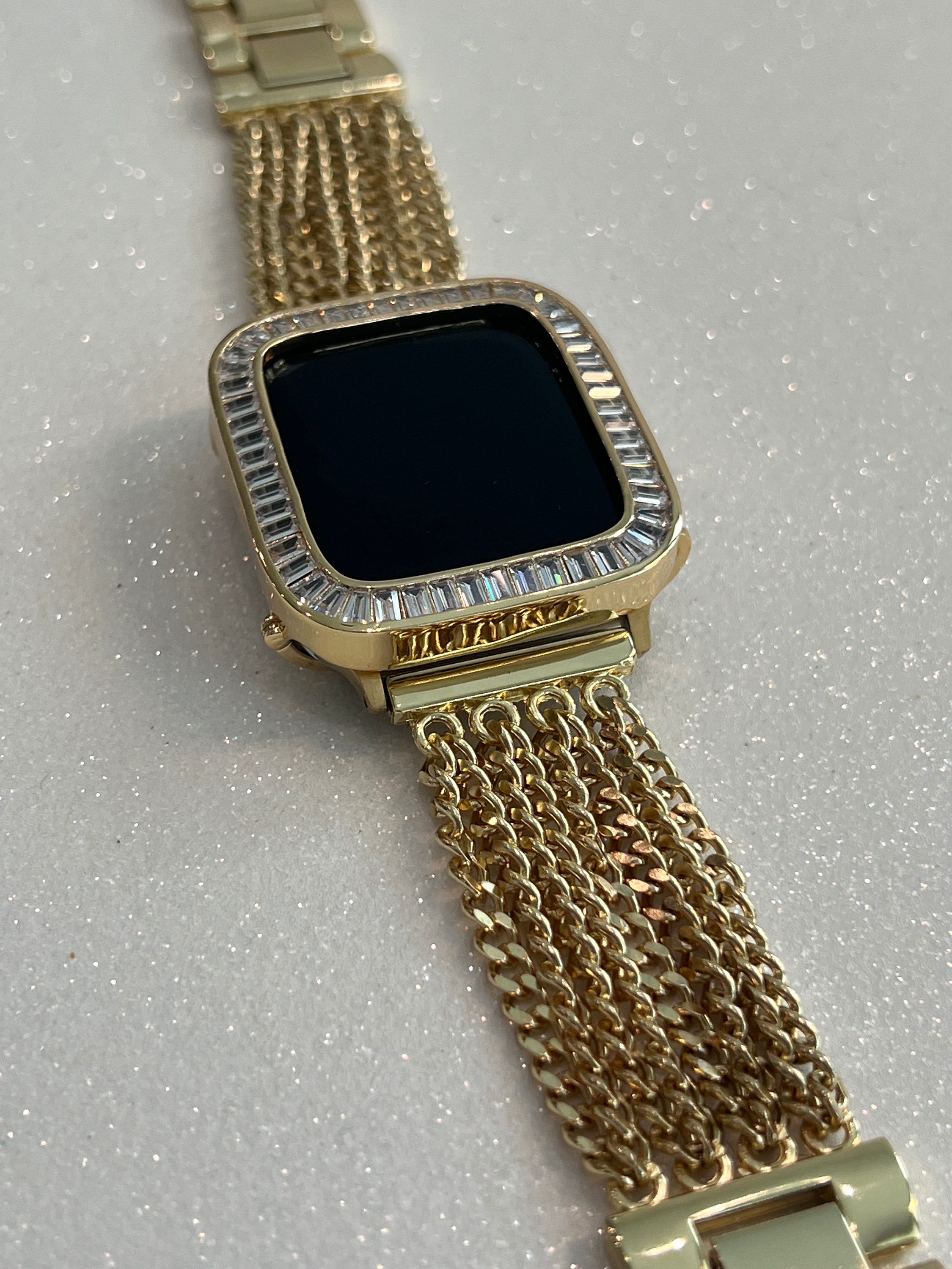 Yellow Gold Apple Watch Band Women Chain Link 38mm-45mm Ultra, Iwatch Phone band & or Apple Watch Case Lab Diamond Bezel Cover Minimalist