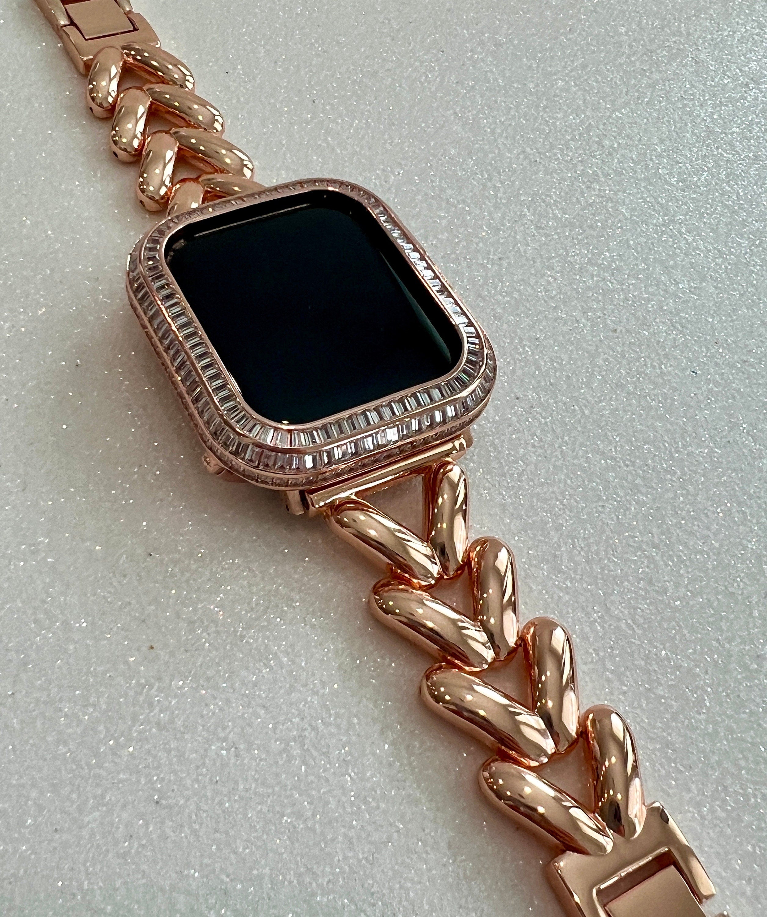 Rose Gold Apple Watch Band Womens Minimalist Bracelet, Iwatch Phone band & or Apple Watch Case Baguette Lab Diamond Bezel Iwatch Cover Gift