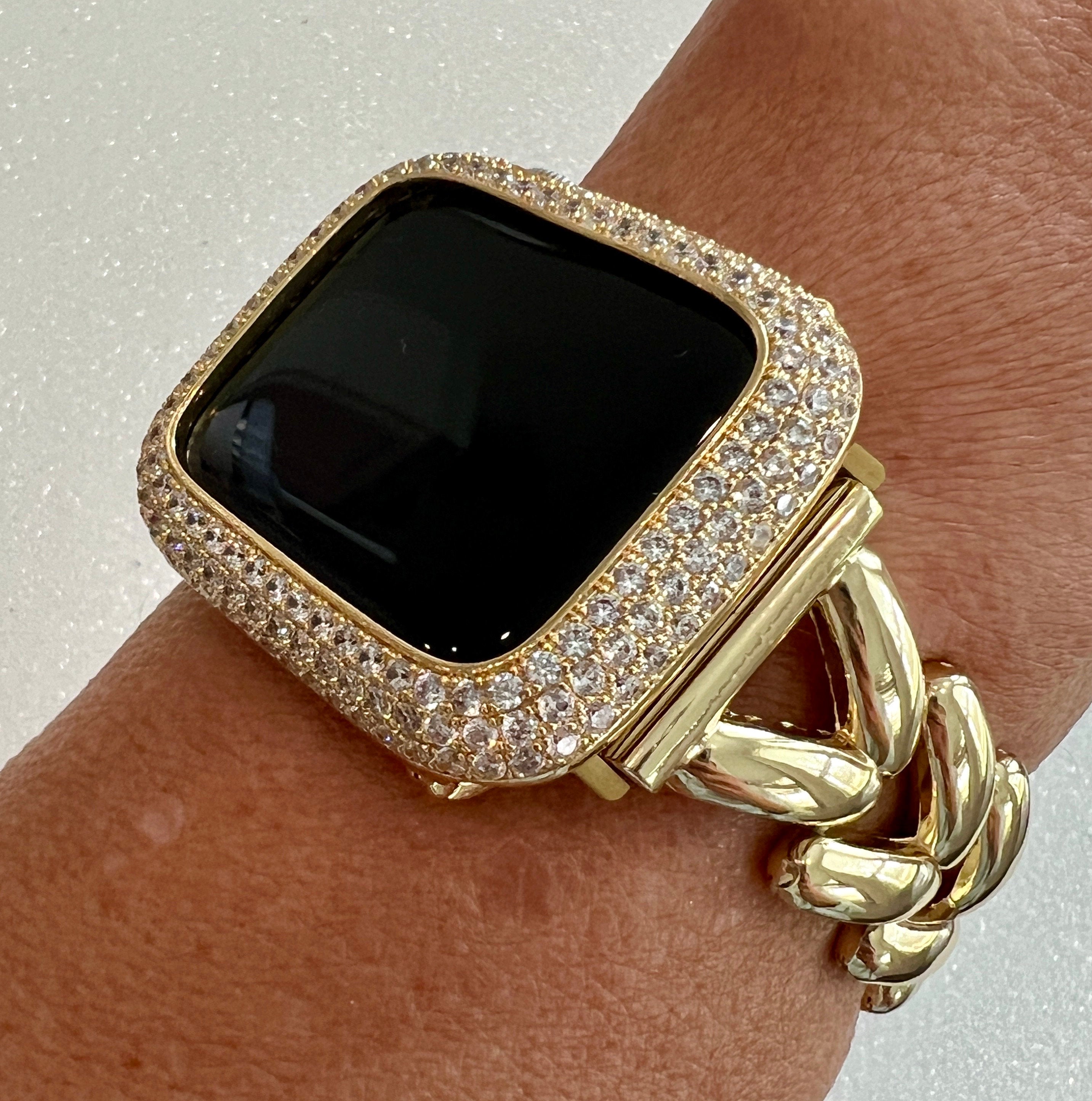 Gold Apple Watch Band Women Minimalist Bracelet, Iwatch Phone band & or Apple Watch Case Pave Lab Diamond Bezel Iwatch Cover 38mm-49mm Bling