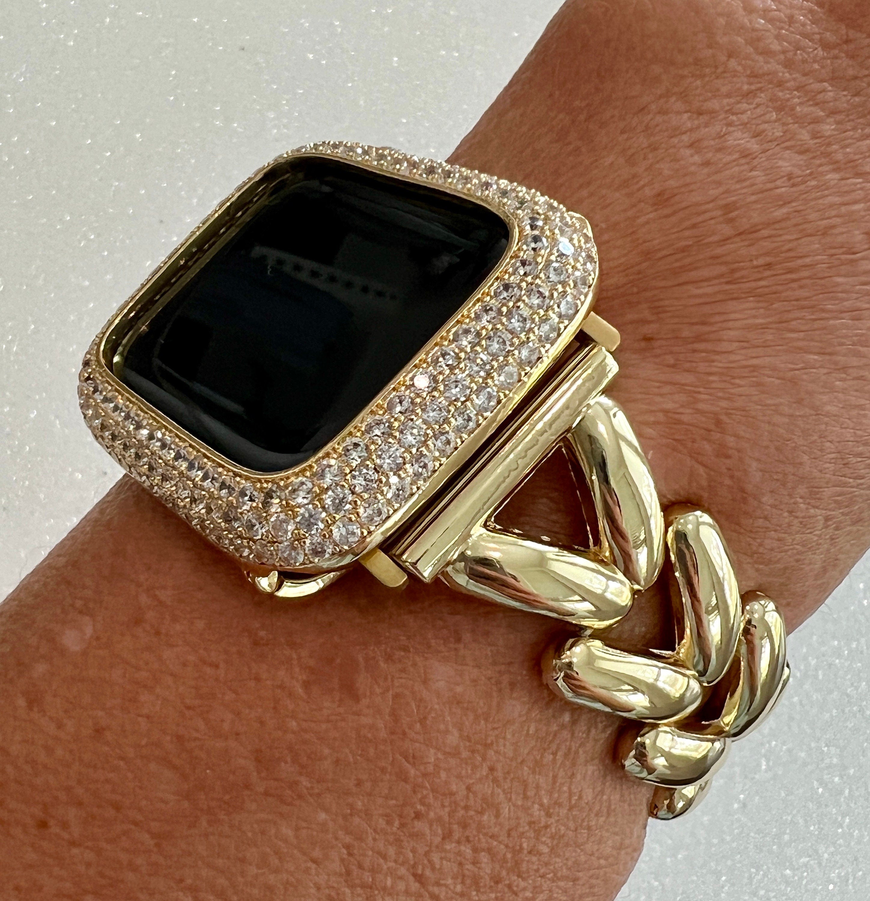 Gold Apple Watch Band Women Minimalist Bracelet, Iwatch Phone band & or Apple Watch Case Pave Lab Diamond Bezel Iwatch Cover 38mm-49mm Bling