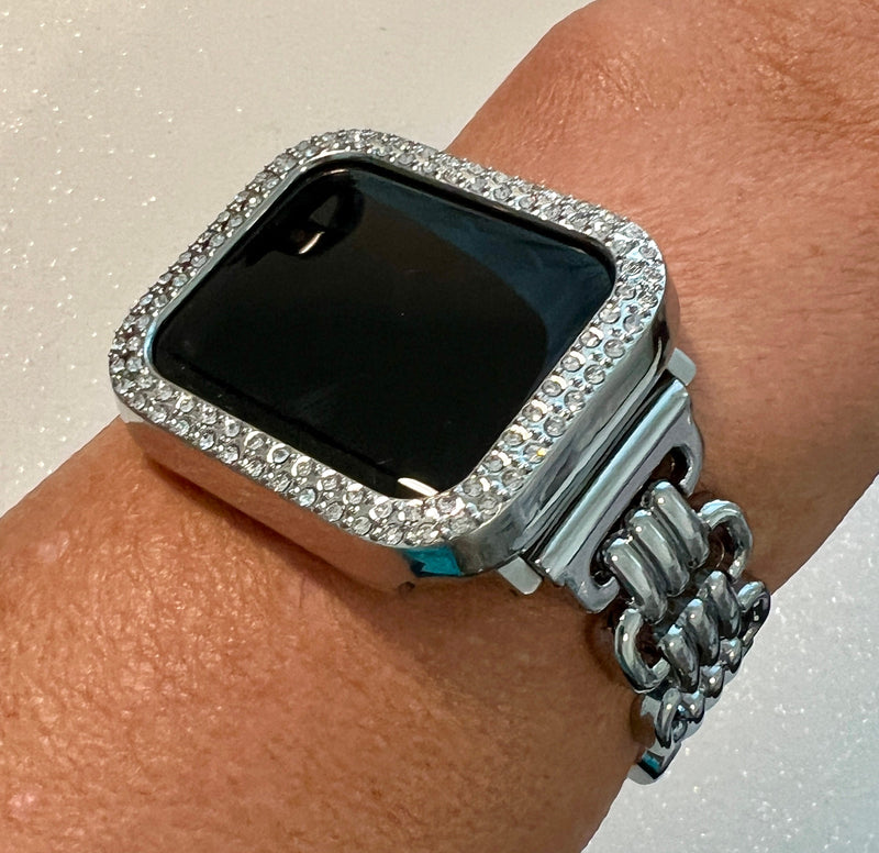 Silver Designer Apple Watch Band Link Bracelet Minimalist, Iphone Watch Band & or Apple Watch Case Crystal Bezel Iwatch Phone Cover Bling