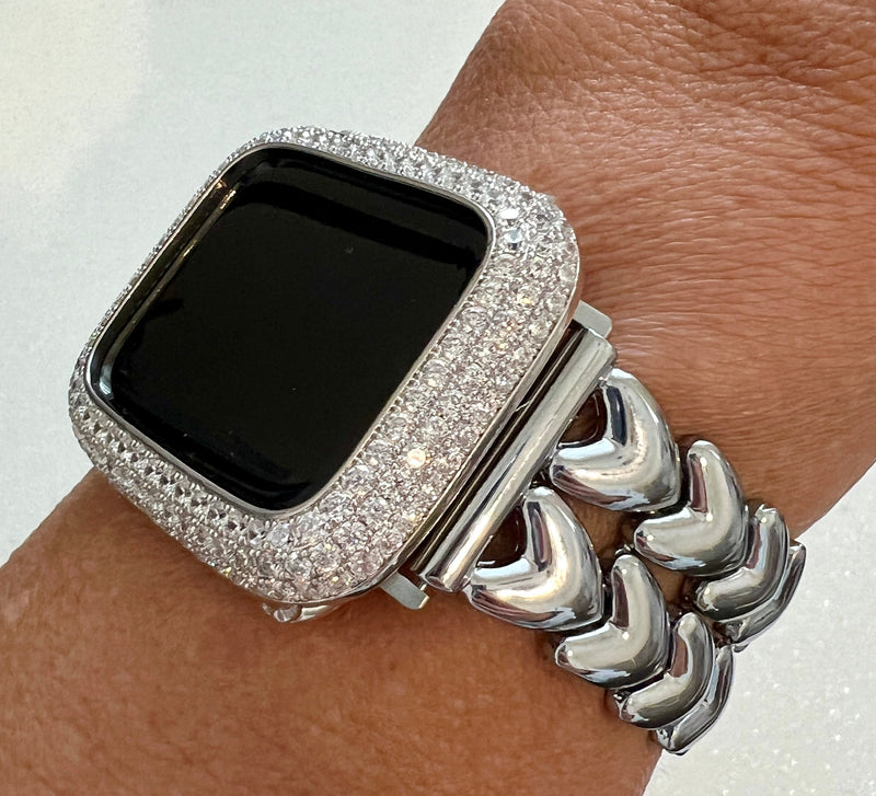 Silver Apple Watch Band Women Double Row Hearts 38mm-49mm Ultra, Iwatch Phone band & or Apple Watch Case Lab Diamond Bezel Cover Gift