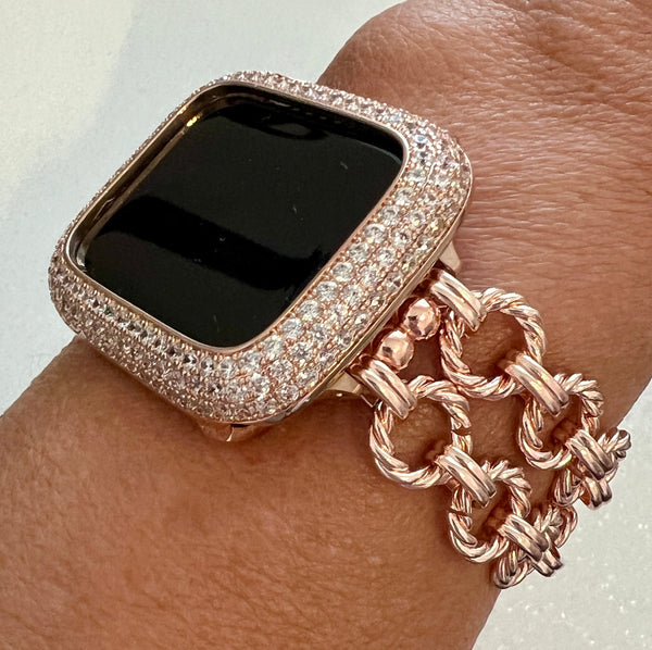 Rose Gold Chain Apple Watch Band, Iphone Watch Bracelet & or Apple Watch Case Lab Diamond Bezel Iwatch Cover 39mm-49mm Ultra Series 2-9 SE