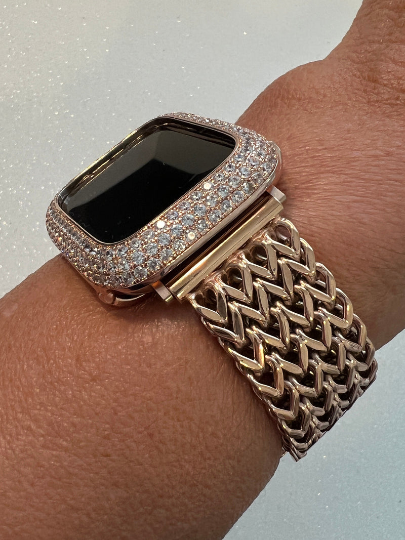 Rose Gold Apple Watch Band Stainless Steel Womens Iphone Watch Bracelet & or Apple Watch Case Lab Diamond Bezel 38mm-49mm Ultra Iwatch Candy