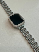 Silver Designer Apple Watch Band Link Bracelet Minimalist, Iphone Watch Band & or Apple Watch Case Lab Diamonds Bezel Iwatch Phone Cover